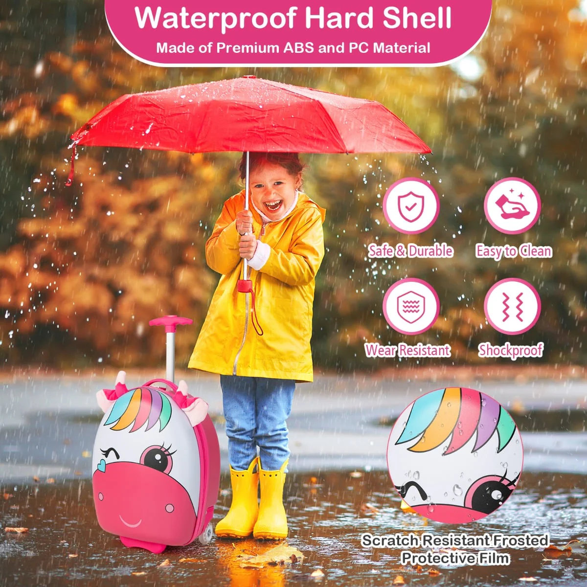 16 Inch Kids Luggage with Light-up Wheels and Telescopic Handle-Pink Horse - Image 3