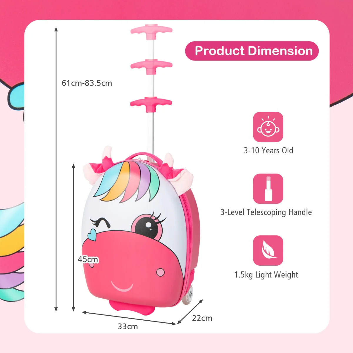 16 Inch Kids Luggage with Light-up Wheels and Telescopic Handle-Pink Horse - Image 4