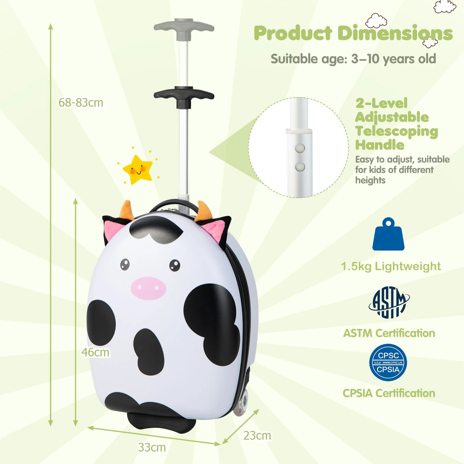 16 Inch Kids Luggage with Light-up Wheels and Telescopic Handle-Pink Horse - Image 8