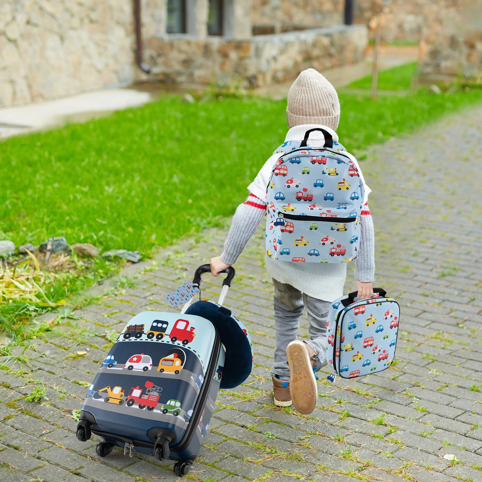 5 Piece Kids Luggage Set Carry-on Children Rolling Suitcase Set with Backpack-Blue - Image 2