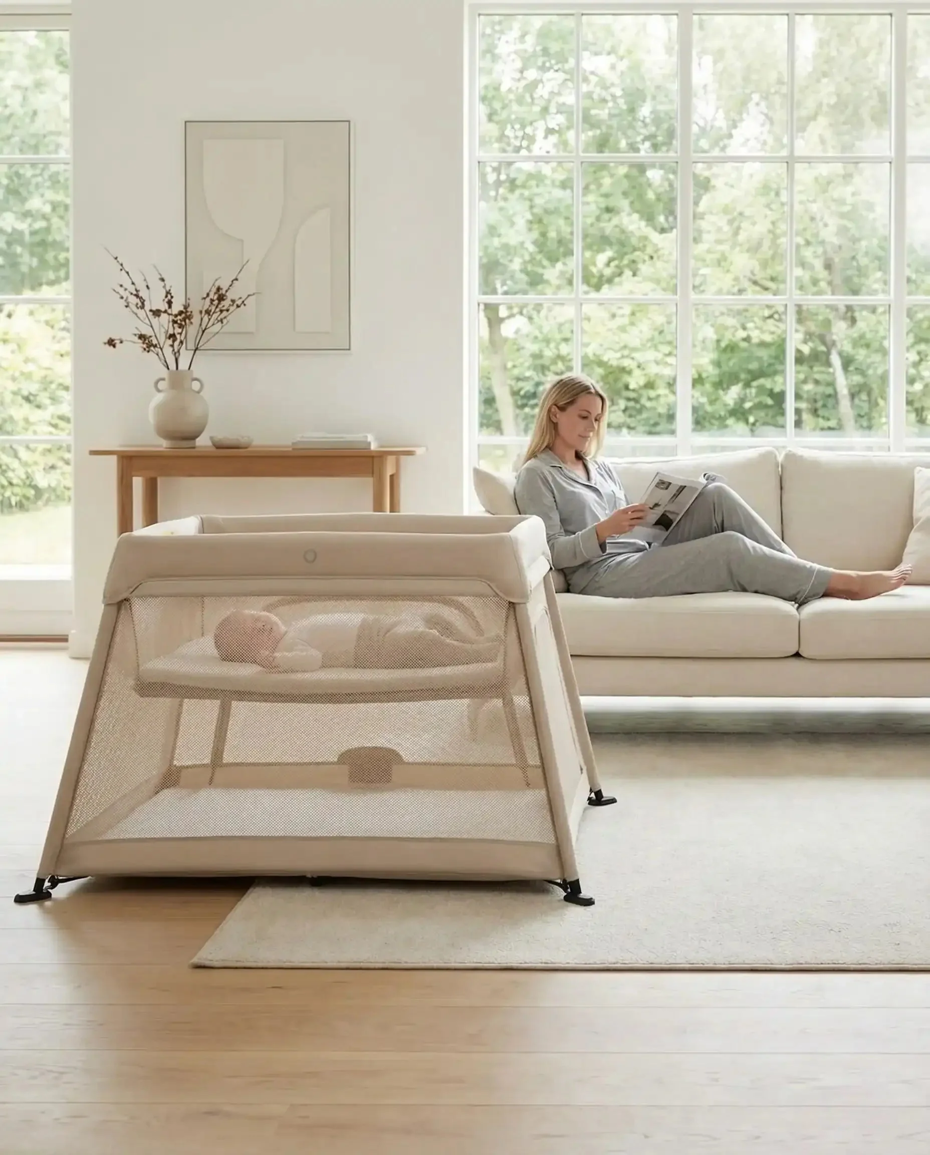 Airpod 3 Travel Cot Includes Newborn Bassinet Insert - Beige - Image 2