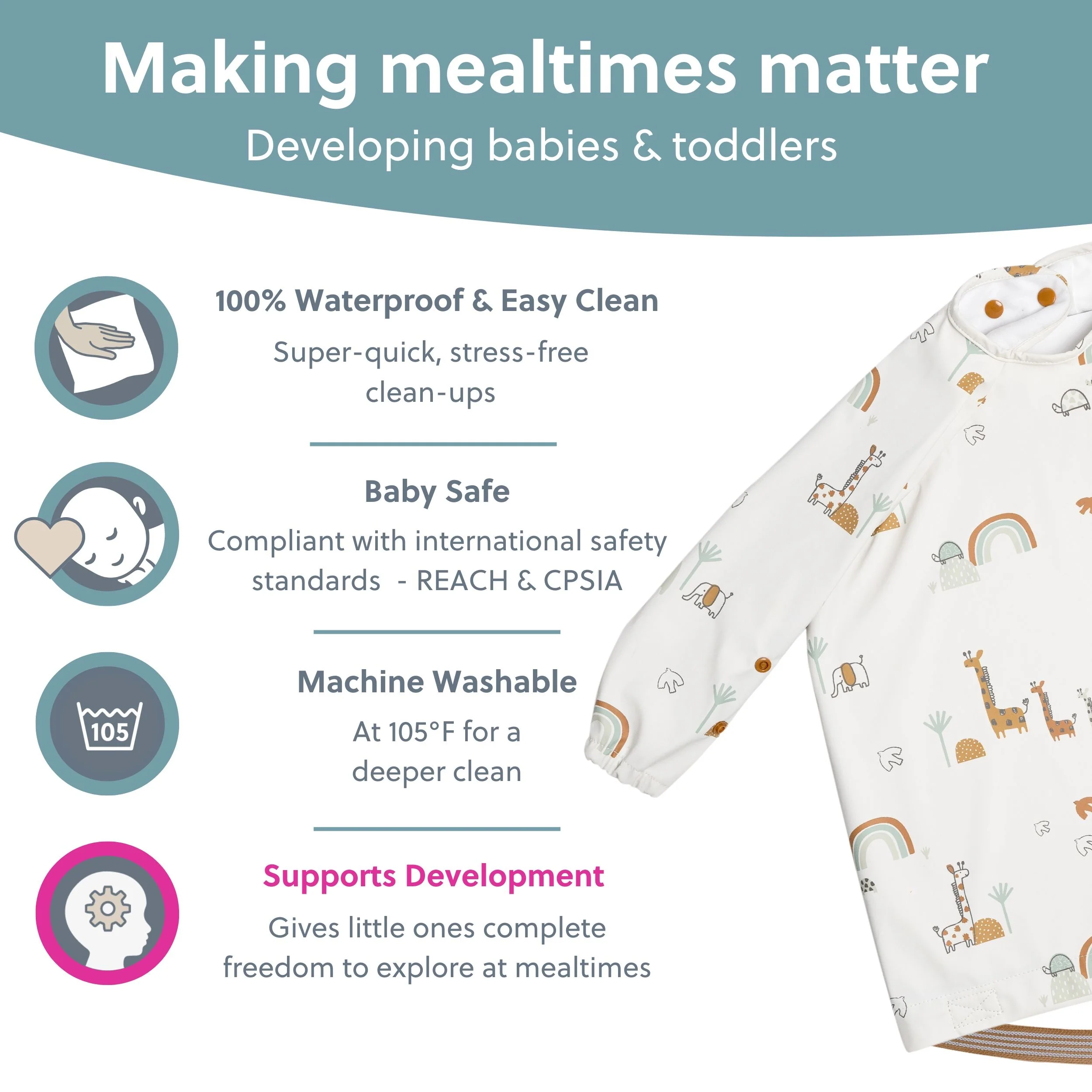 Bibado Coverall Weaning Bib (Available in Botanical Bunnies/Chasing Rainbows/George Pig/Peppa Pig/Serengeti Spaghetti) - Image 5