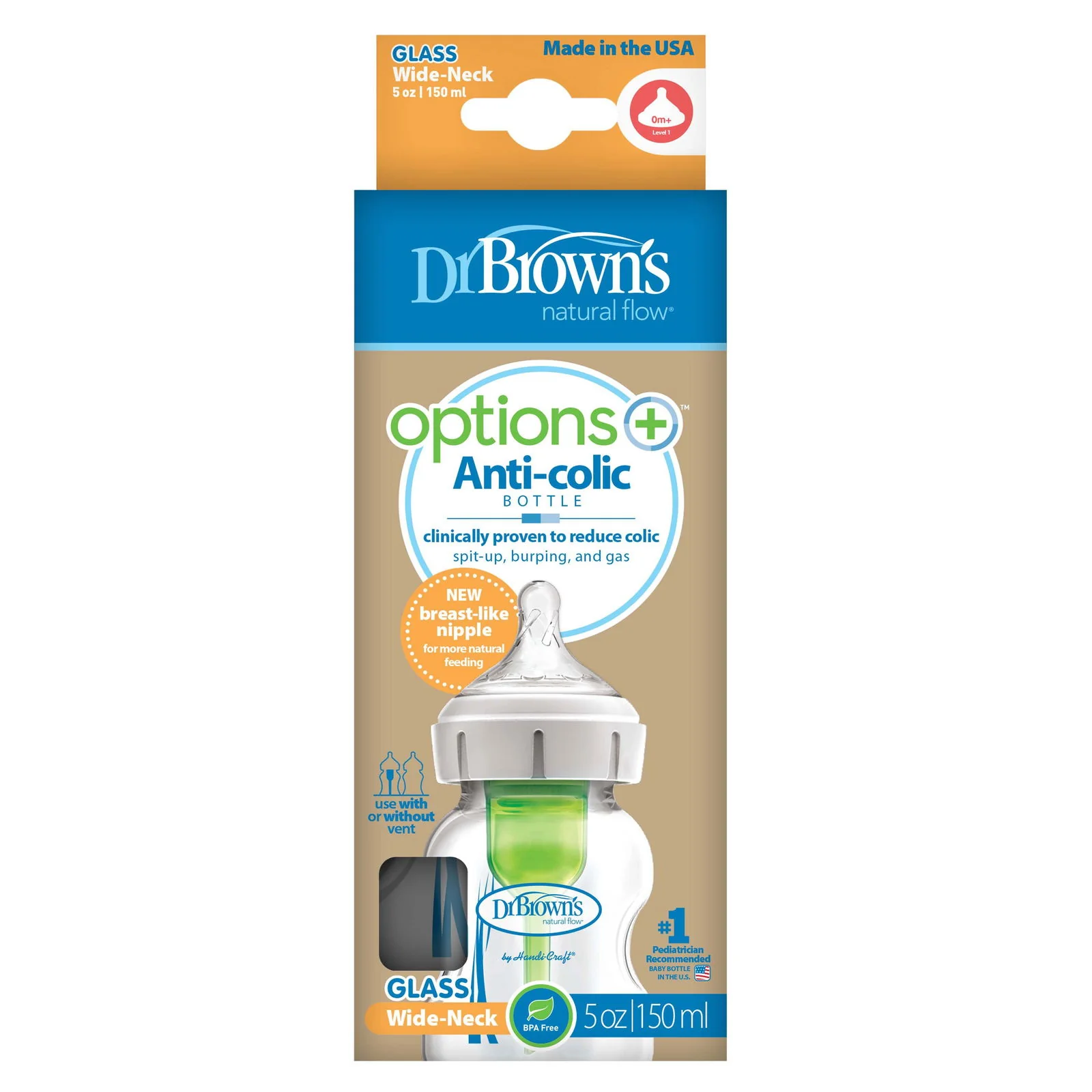 Dr Brown Options Plus GLASS Bottle 150mls - Wide Neck (PACK OF 1 - SINGLE BOTTLE)