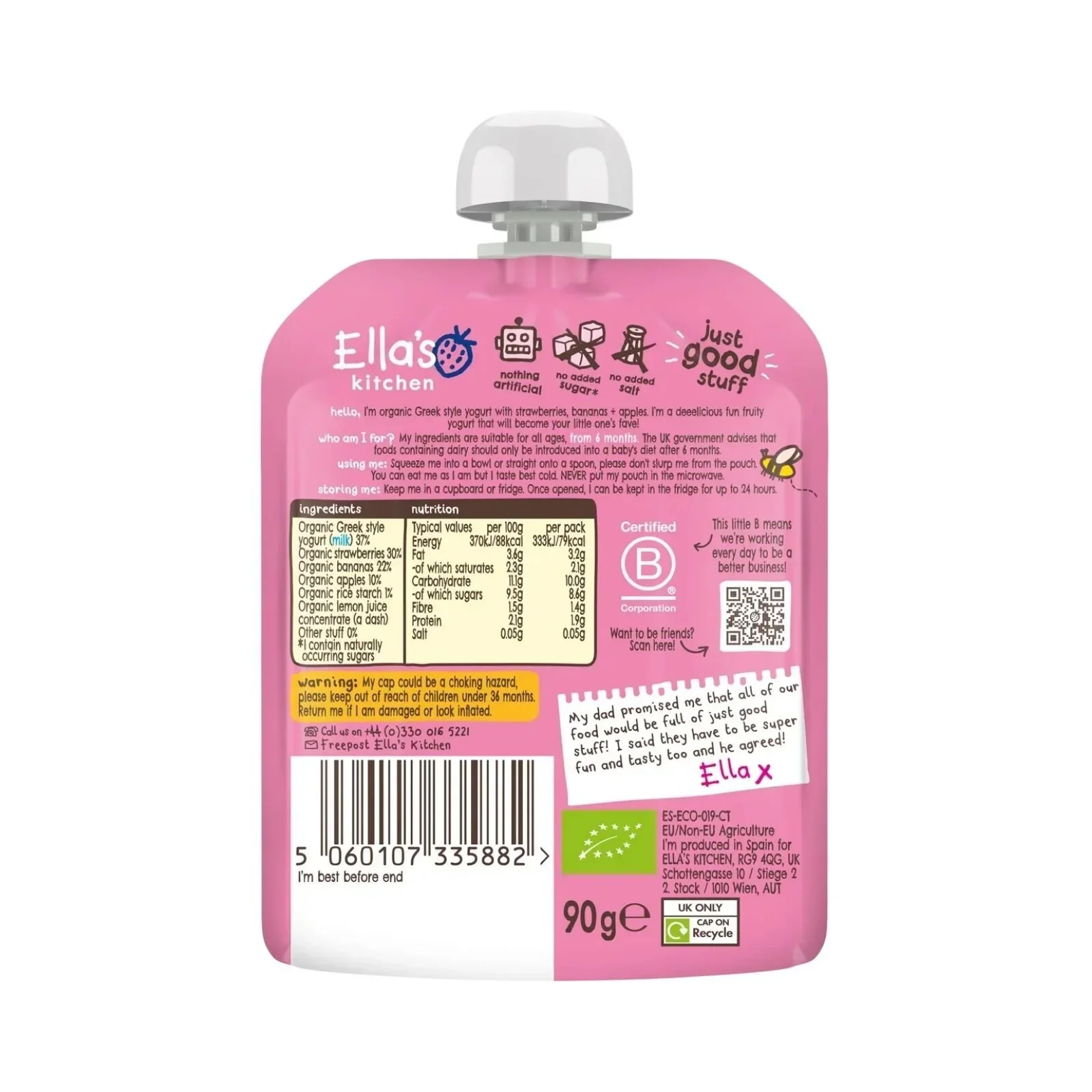 Ella's Kitchen Organic Strawberry Greek Style Yoghurt Baby Food Pouch 6+ months 90g - Image 2
