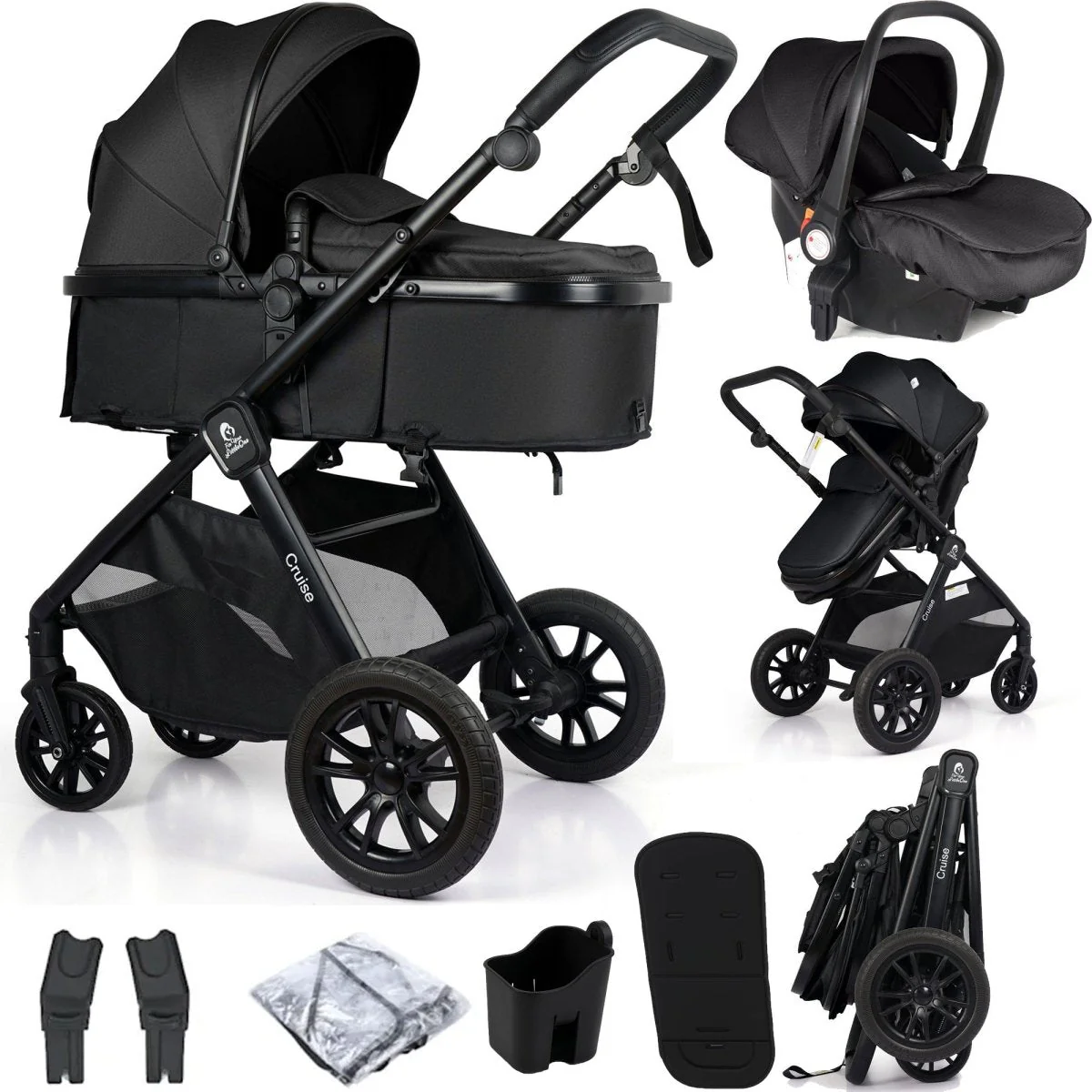 For Your Little One Cruise 3 In 1 Travel System With Car Seat - Eclipse Black (Free Cupholder / Seat Liner Included!)