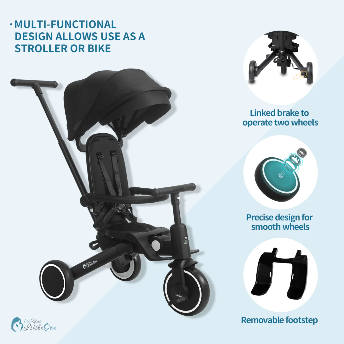Foryourlittleone Xplor 6 in 1 Foldable Trike - Jet Black (10m-4y) - Image 3