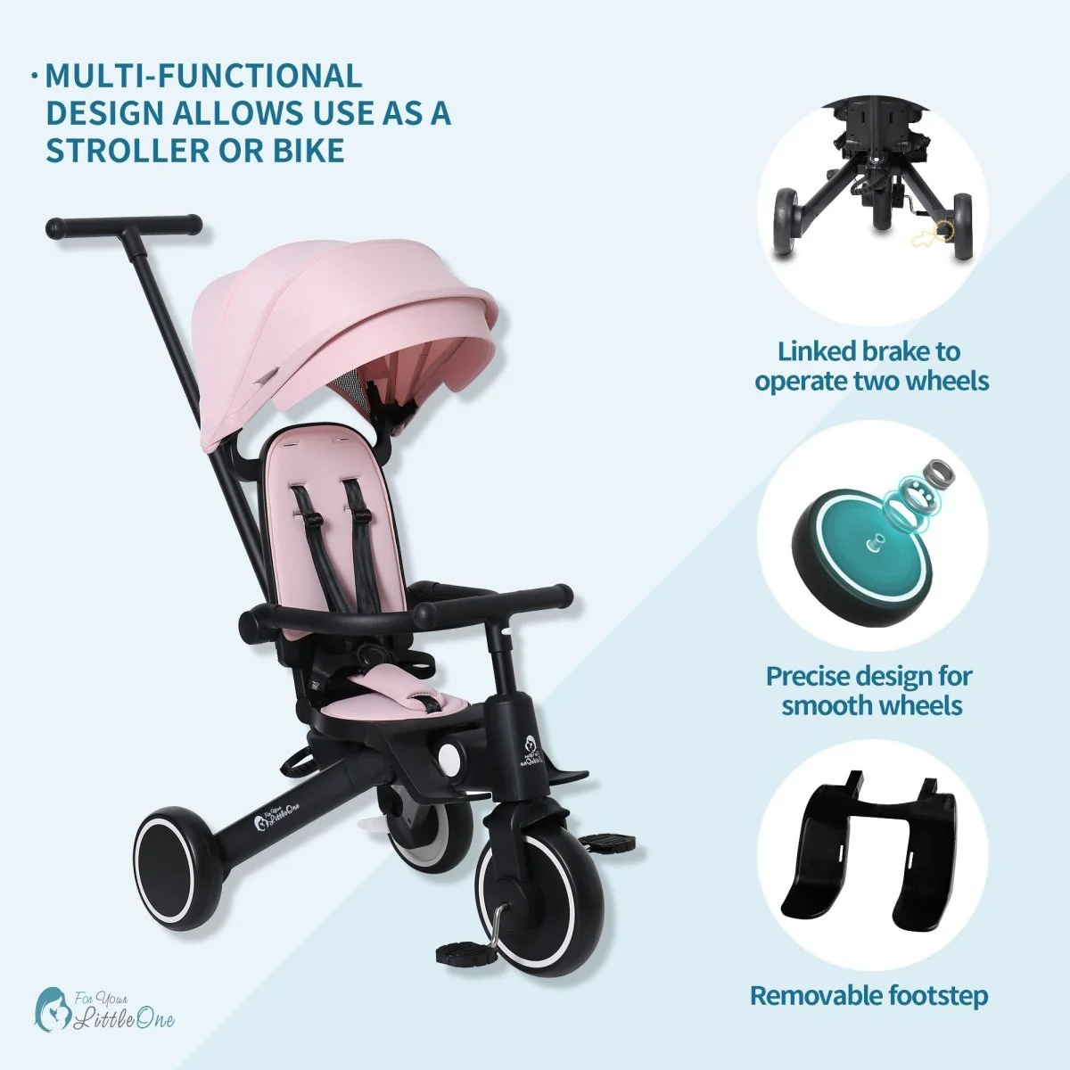 Foryourlittleone Xplor 6 in 1 Foldable Trike - Pastel Pink (10m-4y) - Image 10