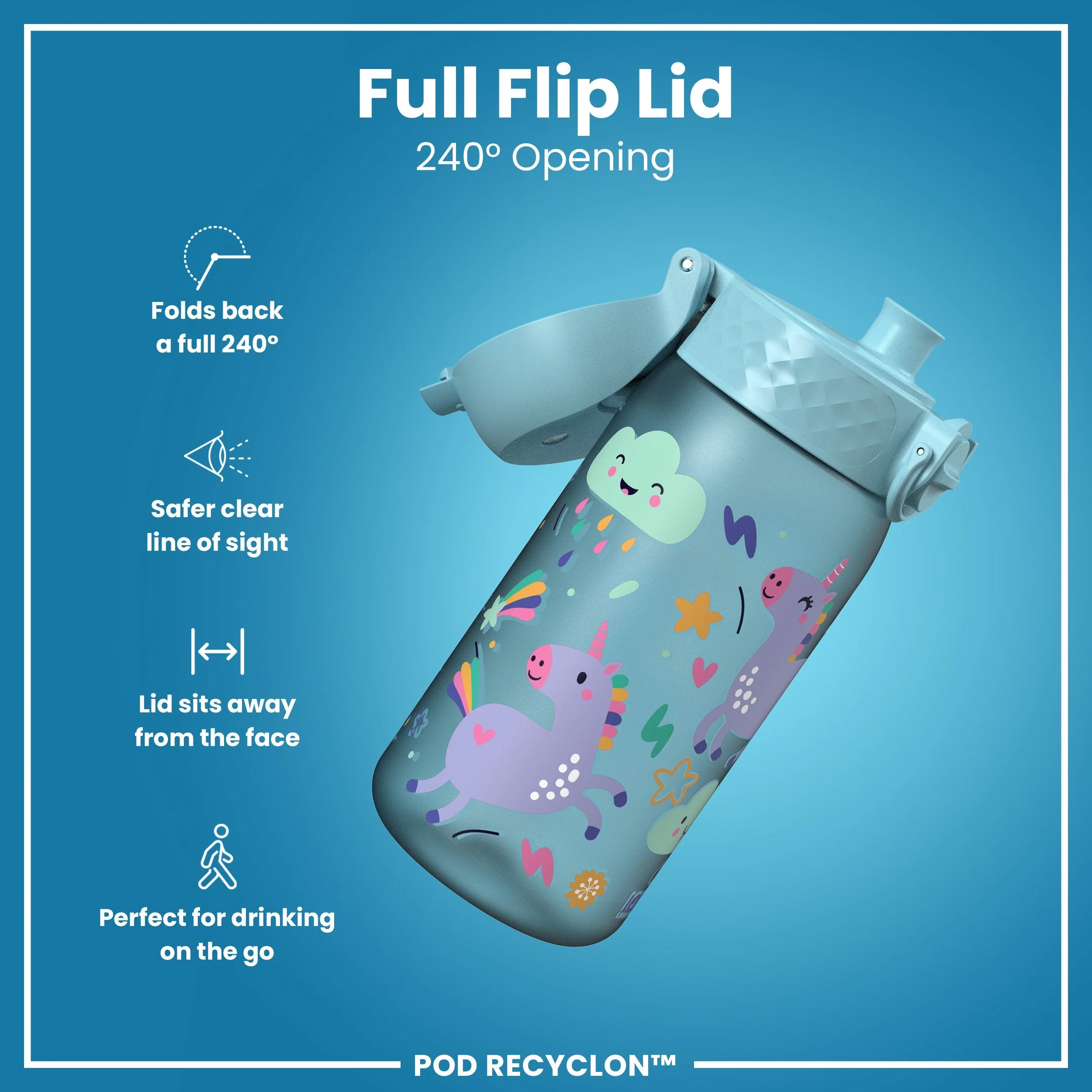Leak Proof Kids Water Bottle, Recyclon, Blue Unicorns, 350ml (12oz) - Image 4