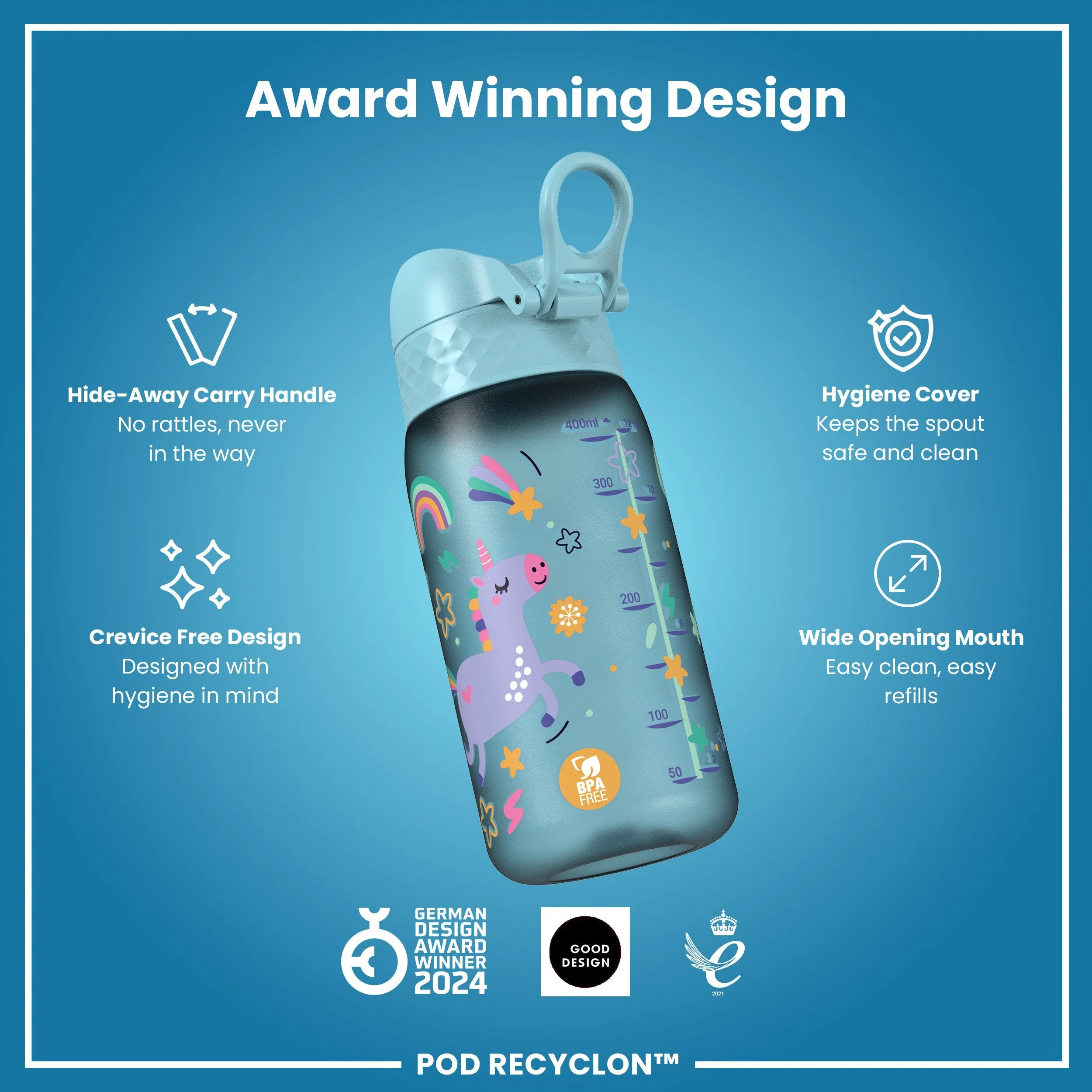 Leak Proof Kids Water Bottle, Recyclon, Blue Unicorns, 350ml (12oz) - Image 6