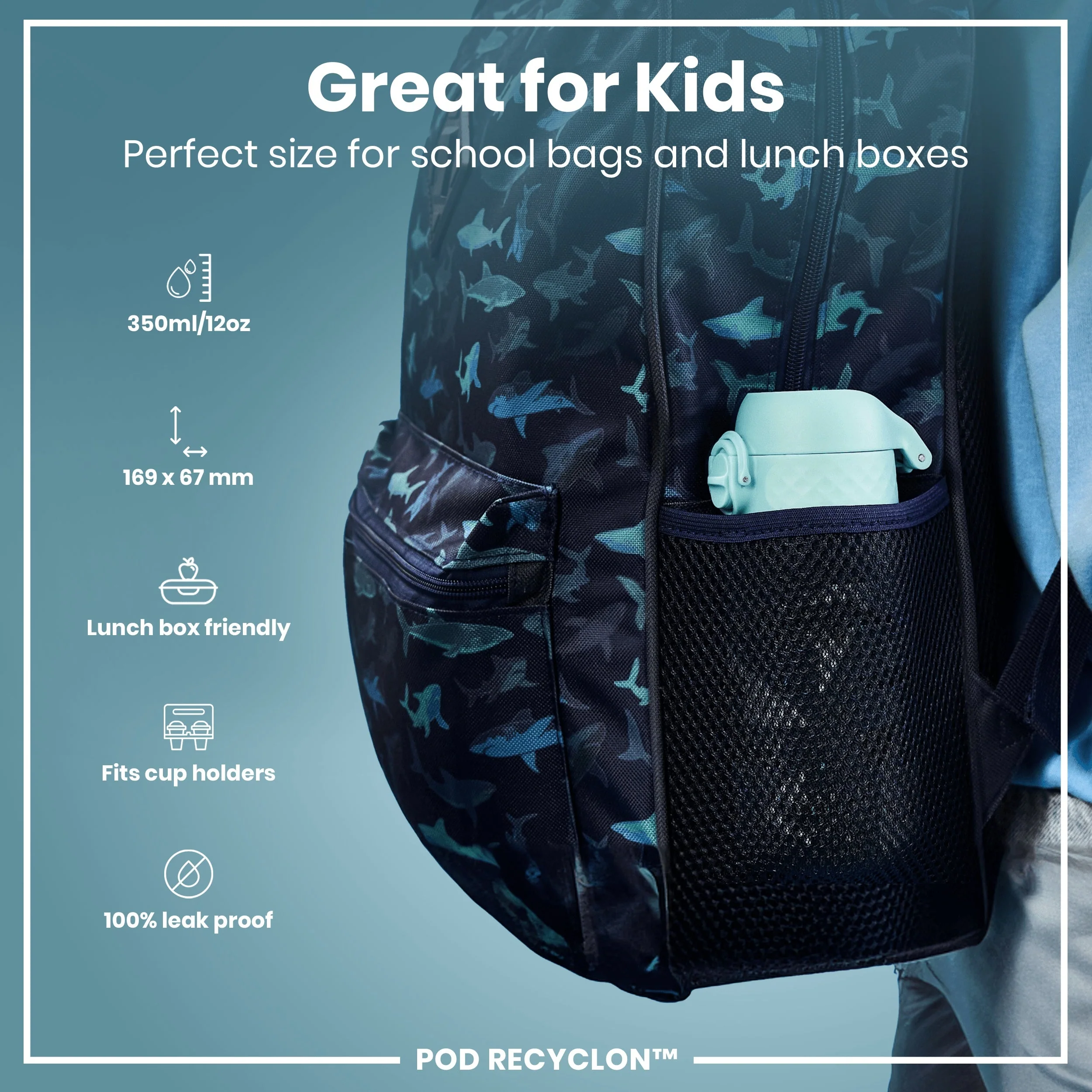 Leak Proof Kids Water Bottle, Recyclon, Crocodiles, 350ml (12oz) - Image 2