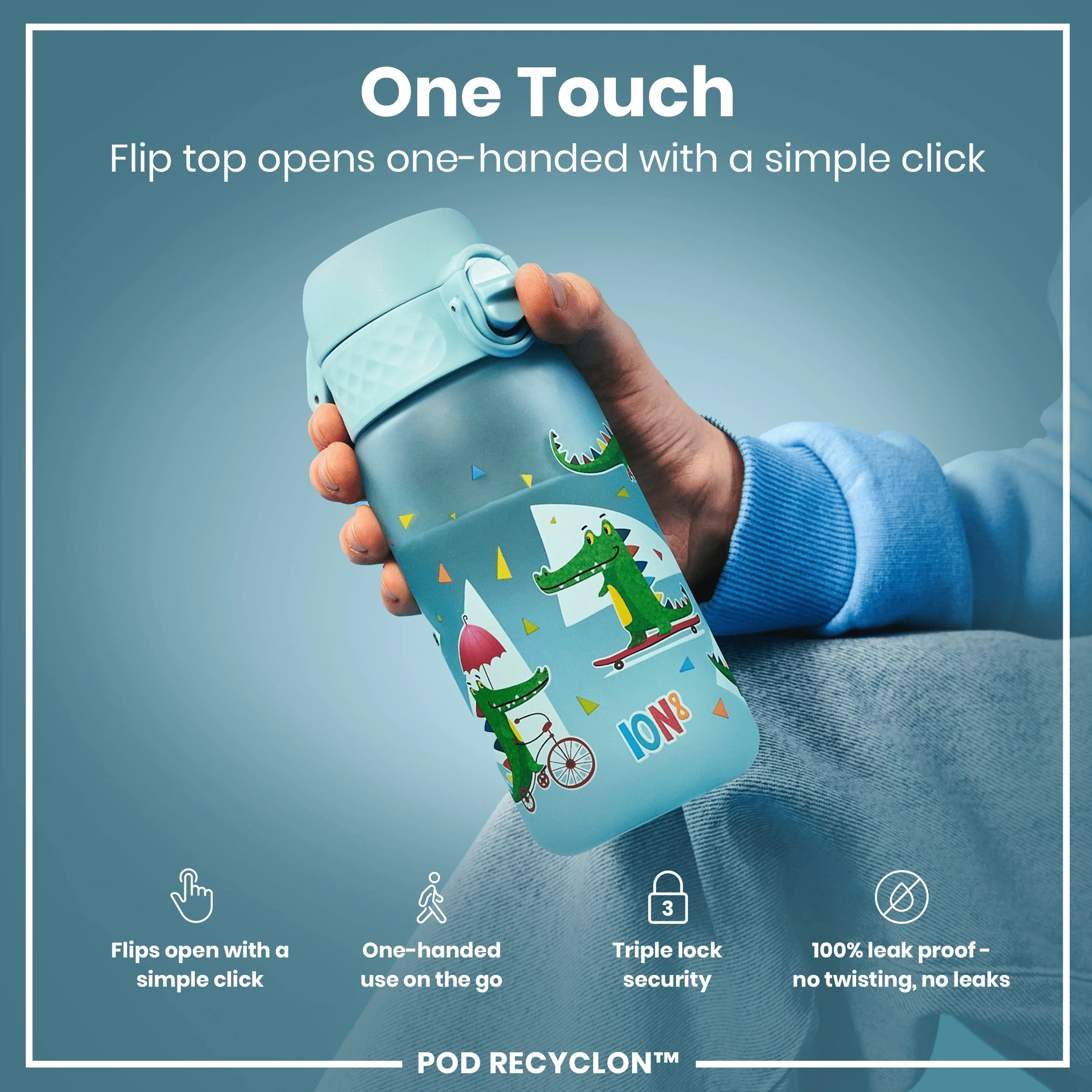 Leak Proof Kids Water Bottle, Recyclon, Crocodiles, 350ml (12oz) - Image 3