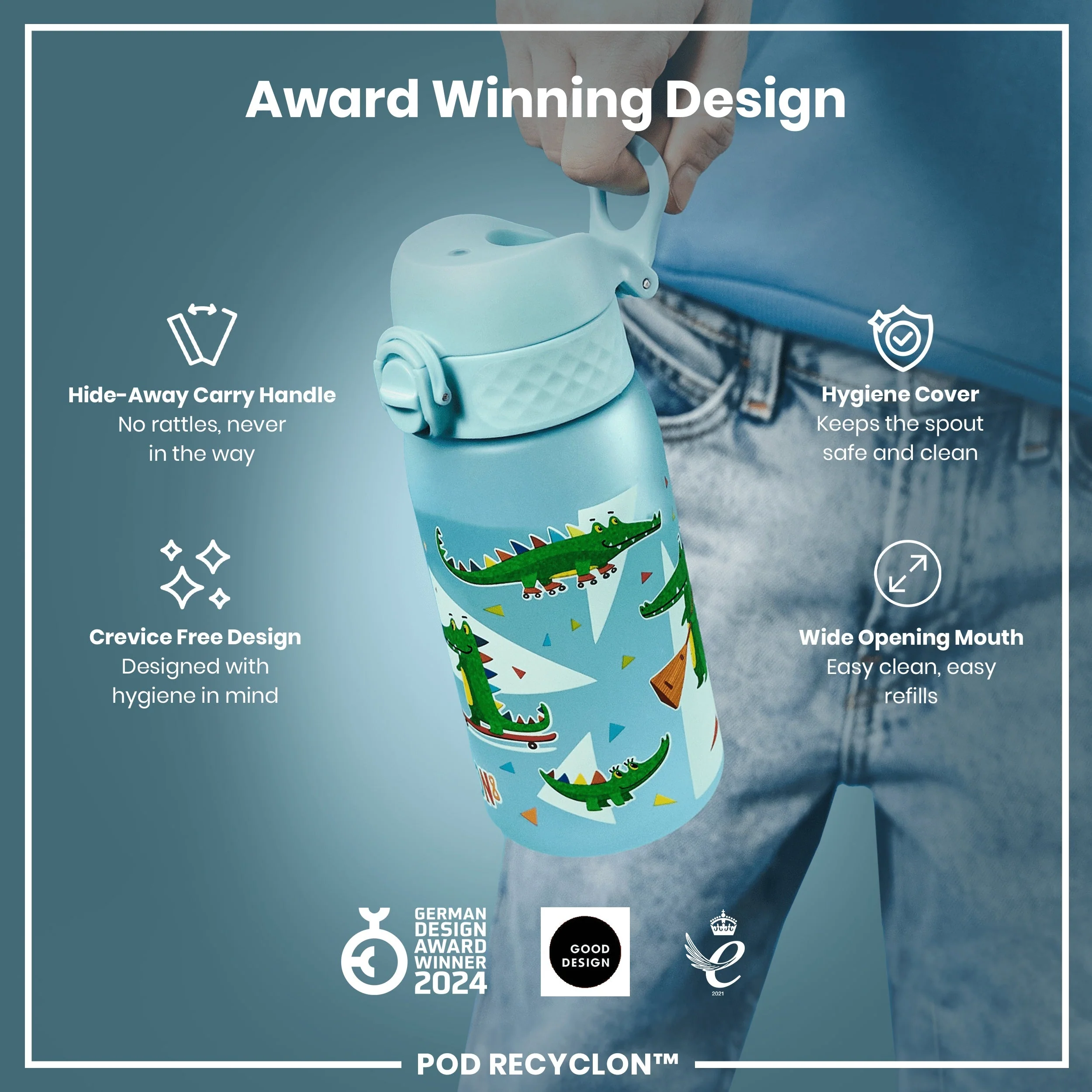 Leak Proof Kids Water Bottle, Recyclon, Crocodiles, 350ml (12oz) - Image 6