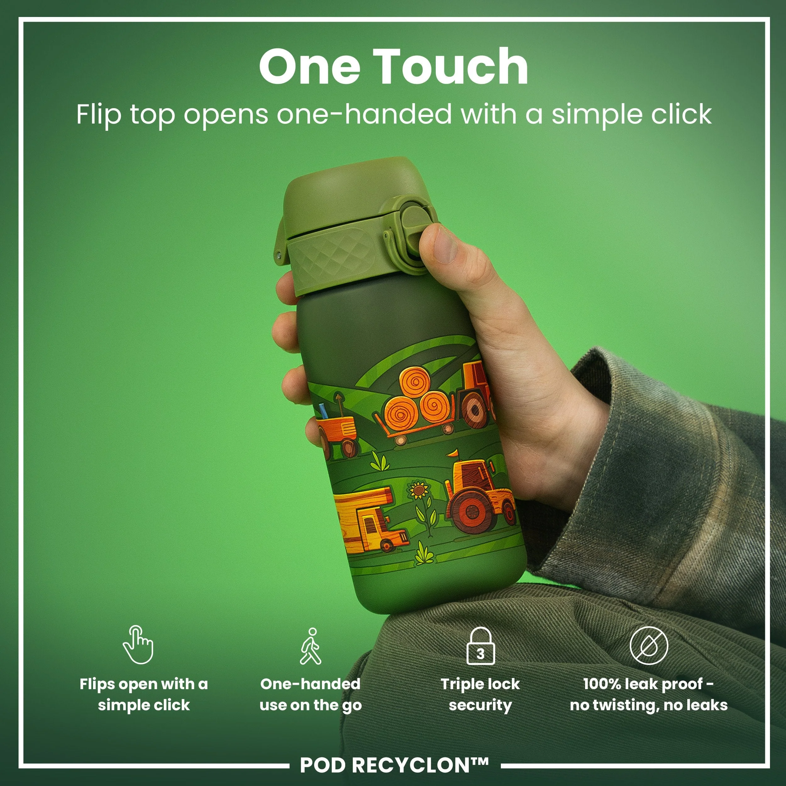 Leak Proof Kids Water Bottle, Recyclon, Farming Machines, 350ml (12oz) - Image 3
