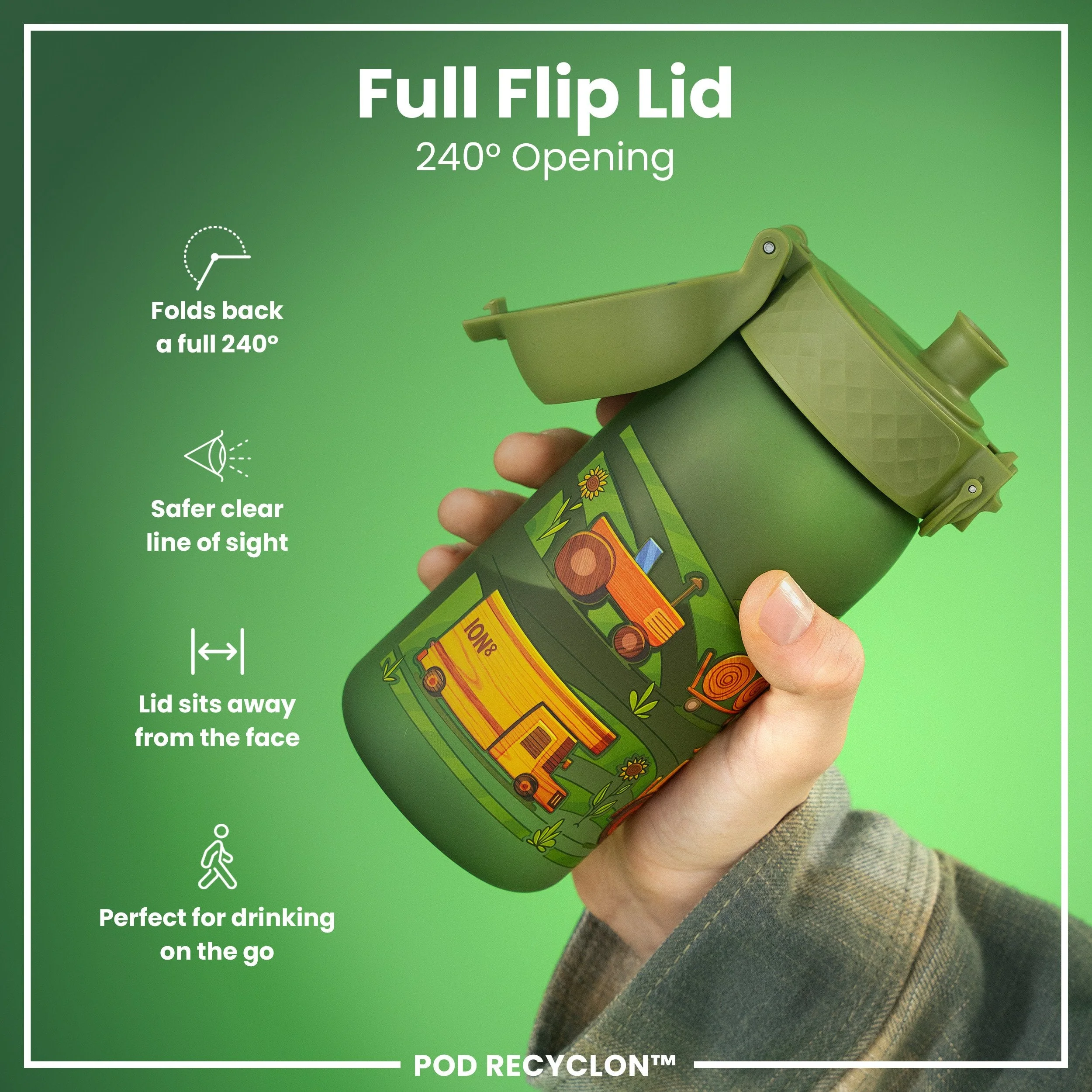 Leak Proof Kids Water Bottle, Recyclon, Farming Machines, 350ml (12oz) - Image 4