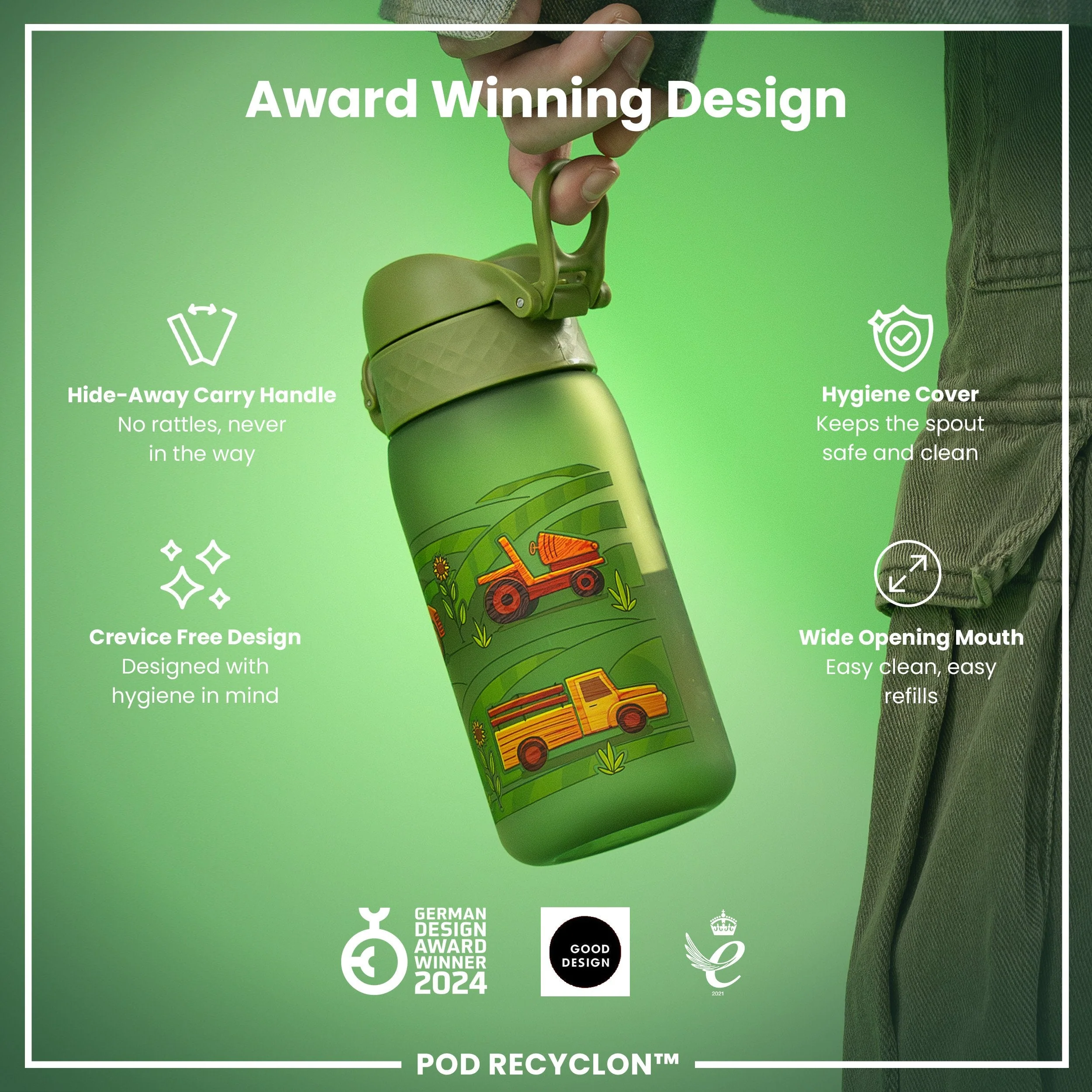 Leak Proof Kids Water Bottle, Recyclon, Farming Machines, 350ml (12oz) - Image 6