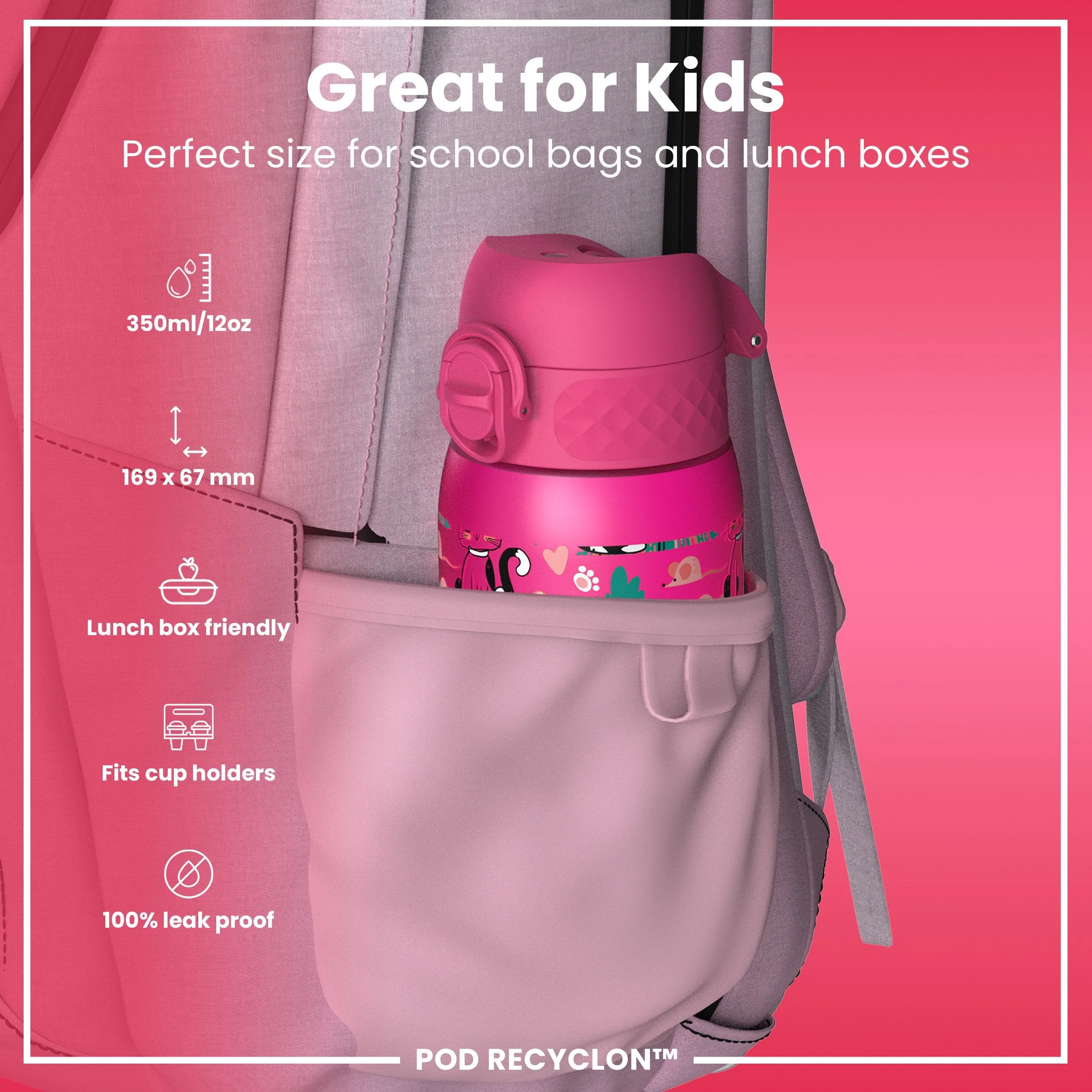 Leak Proof Kids Water Bottle, Recyclon, Kittens, 350ml (12oz) - Image 2