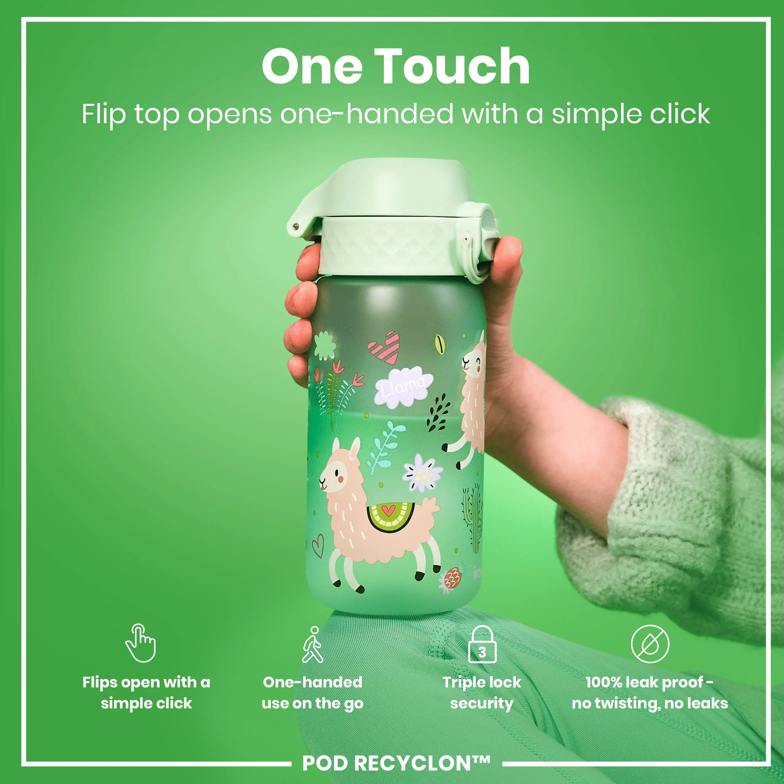 Leak Proof Kids Water Bottle, Recyclon, Llamas, 350ml (12oz) - Image 3