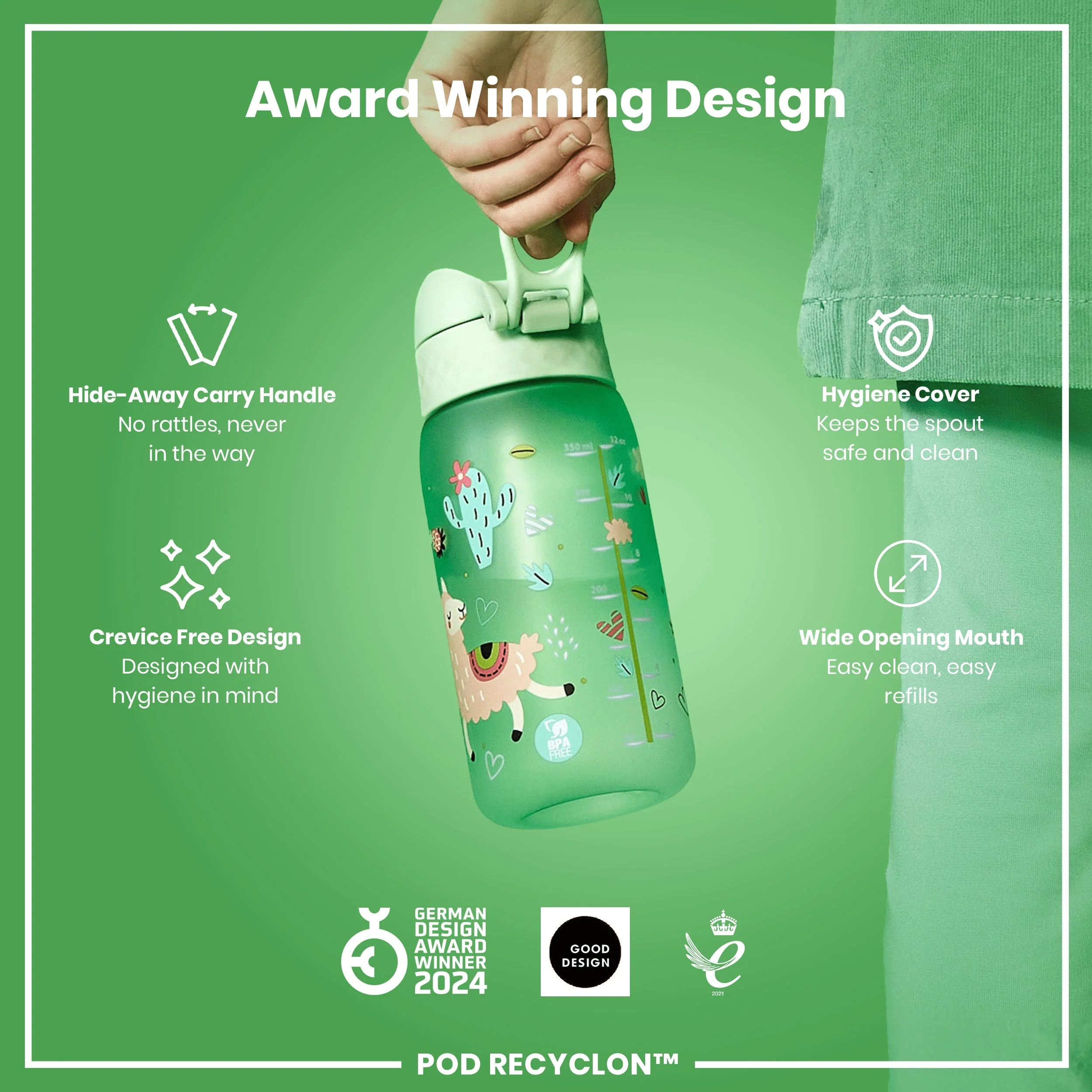 Leak Proof Kids Water Bottle, Recyclon, Llamas, 350ml (12oz) - Image 6