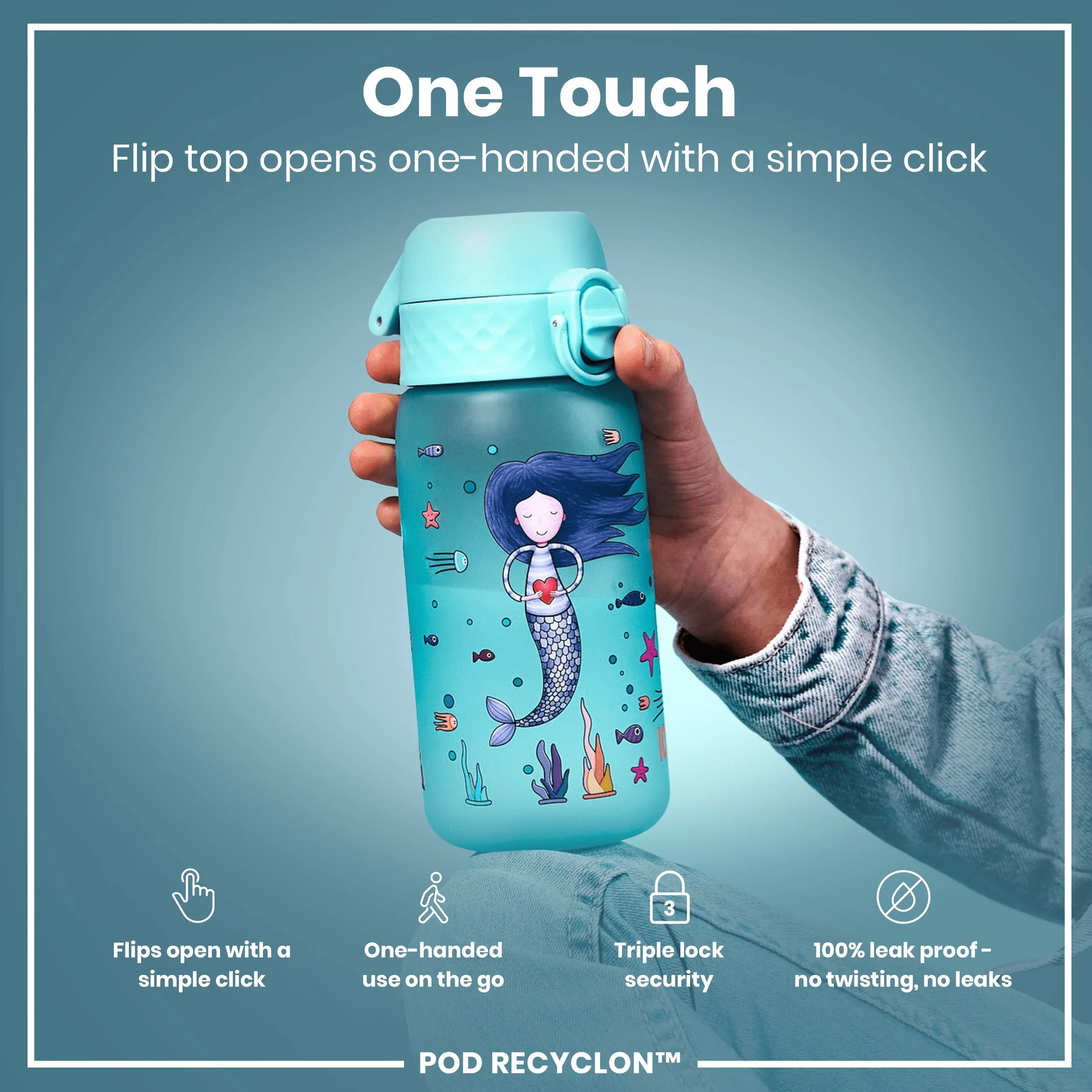 Leak Proof Kids Water Bottle, Recyclon, Mermaid, 350ml (12oz) - Image 3