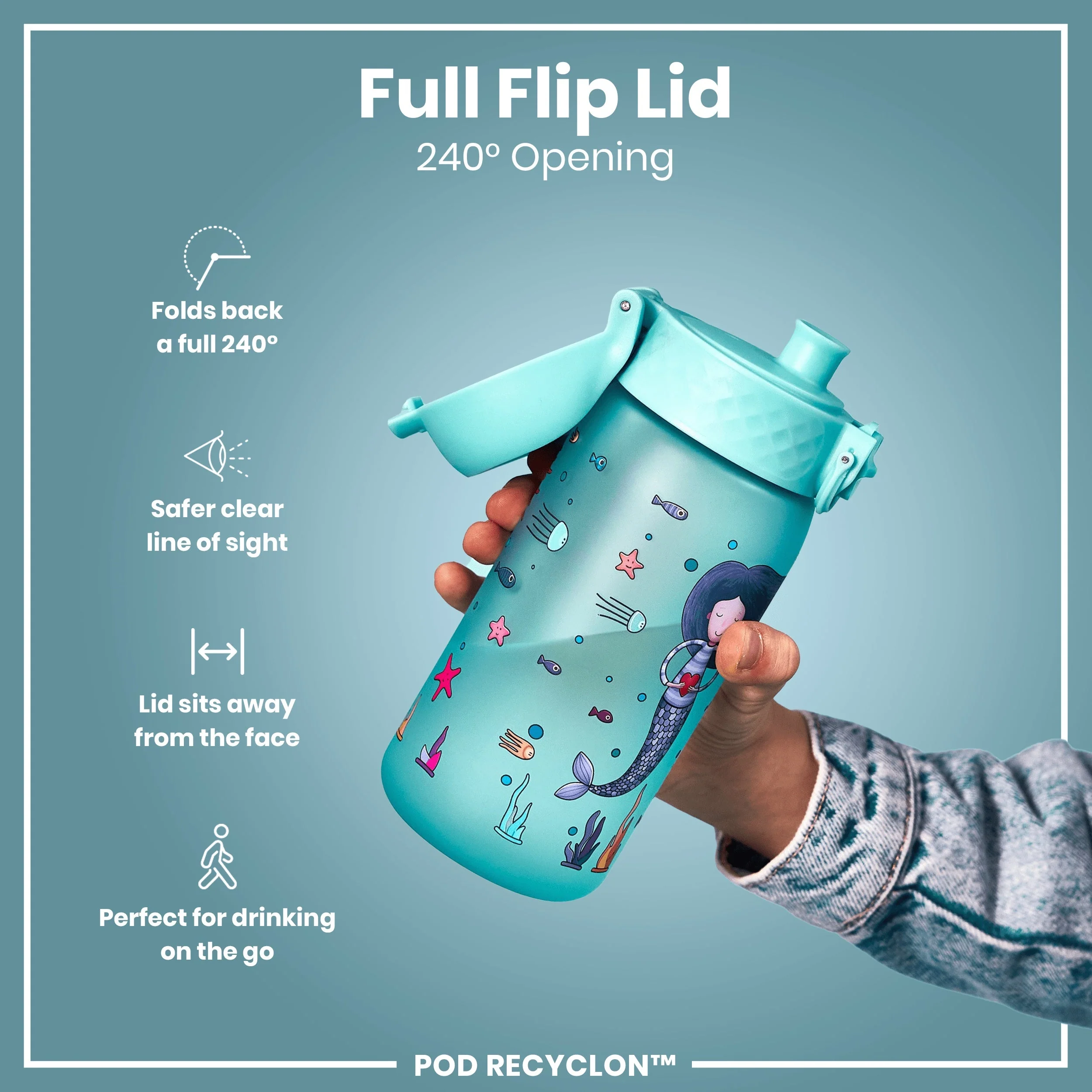 Leak Proof Kids Water Bottle, Recyclon, Mermaid, 350ml (12oz) - Image 4