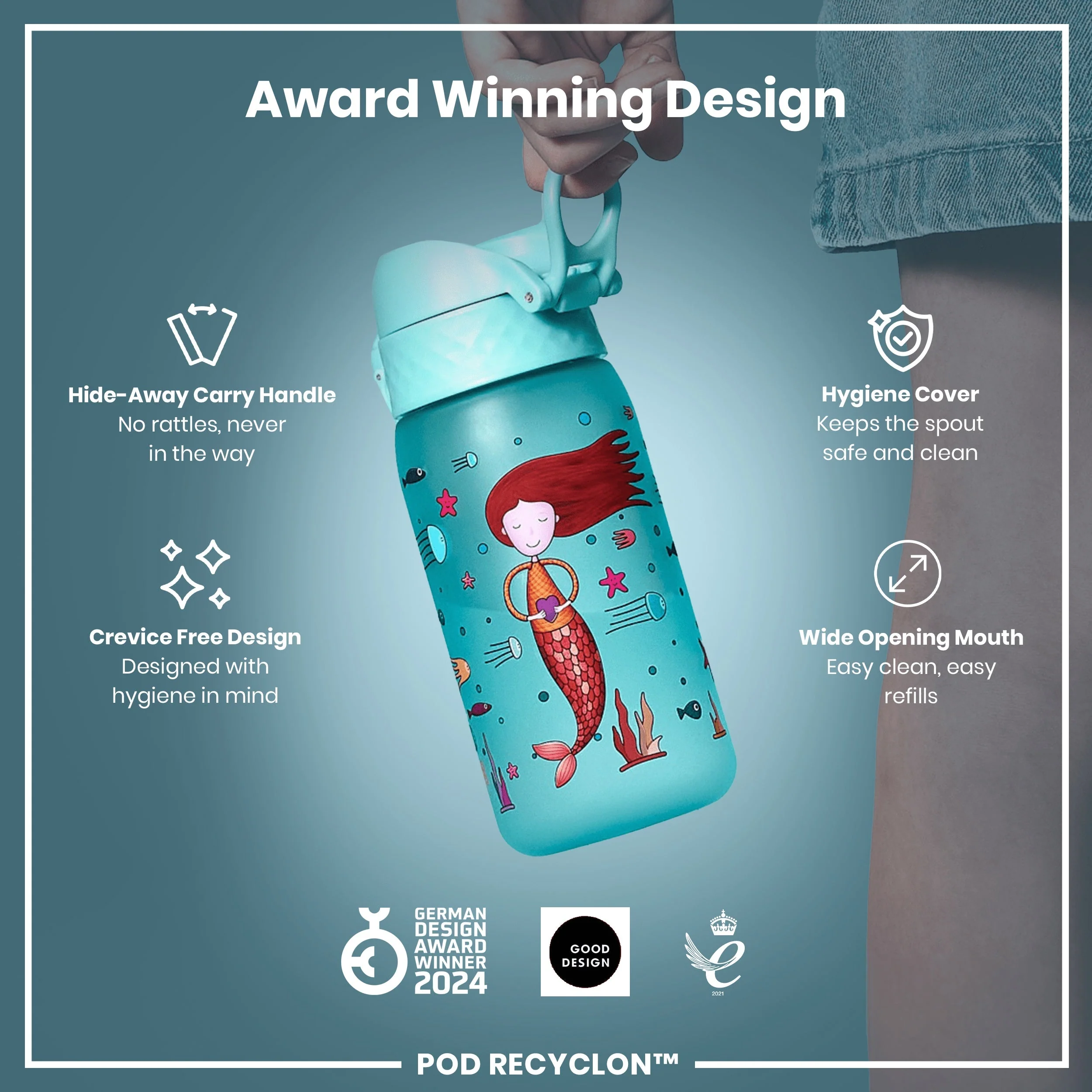Leak Proof Kids Water Bottle, Recyclon, Mermaid, 350ml (12oz) - Image 6