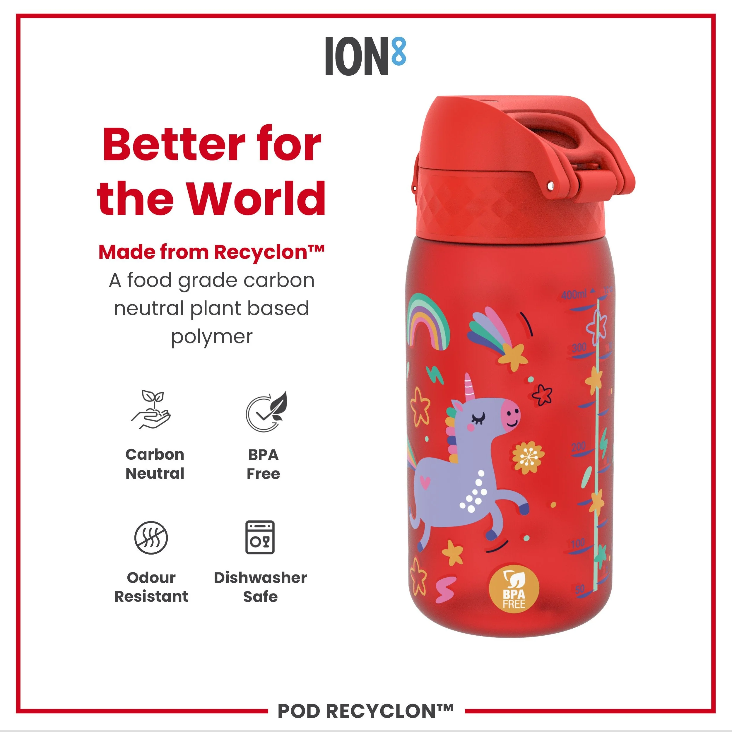 Leak Proof Kids Water Bottle, Recyclon, Red Unicorns, 350ml (12oz) - Image 5
