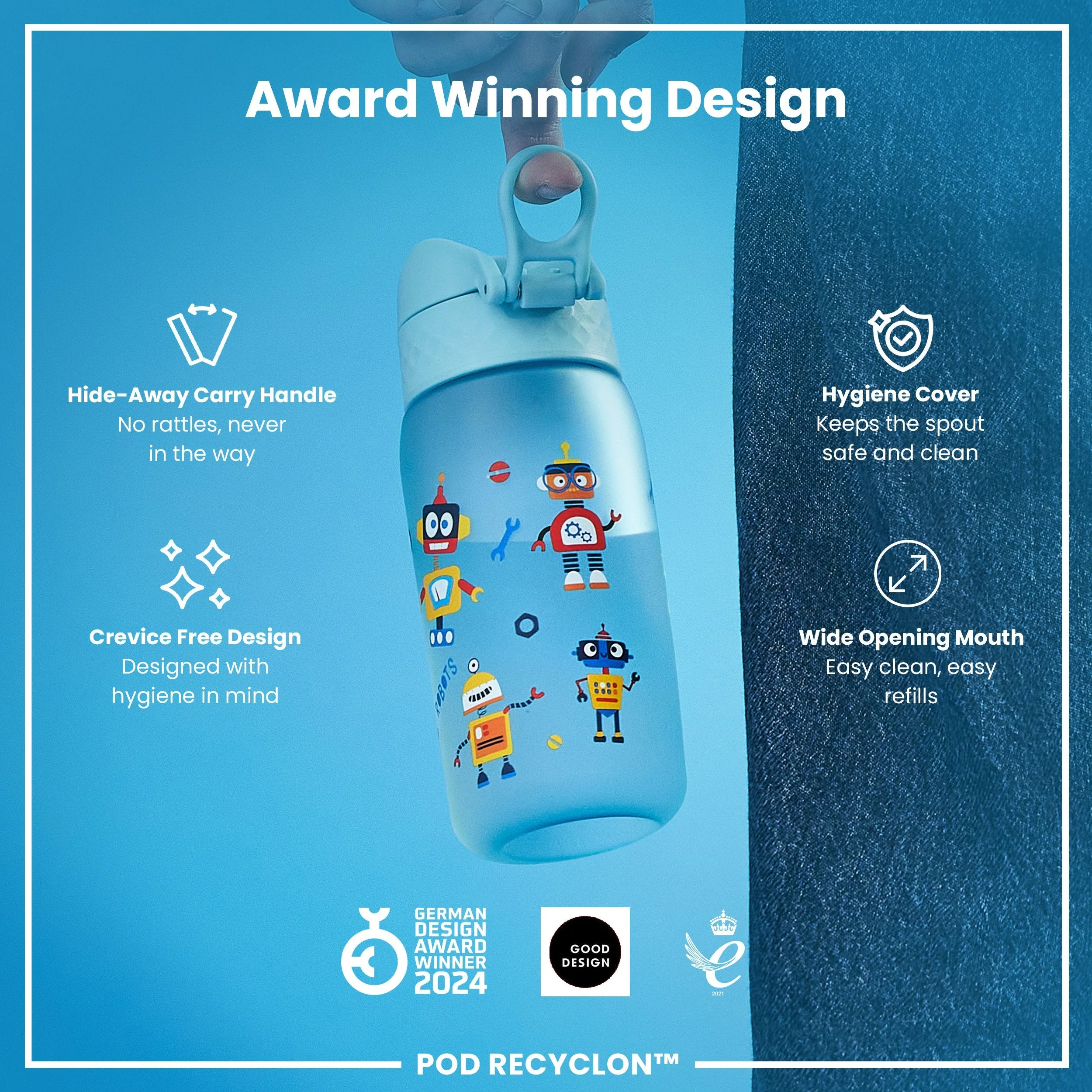 Leak Proof Kids Water Bottle, Recyclon, Robots, 350ml (12oz) - Image 6