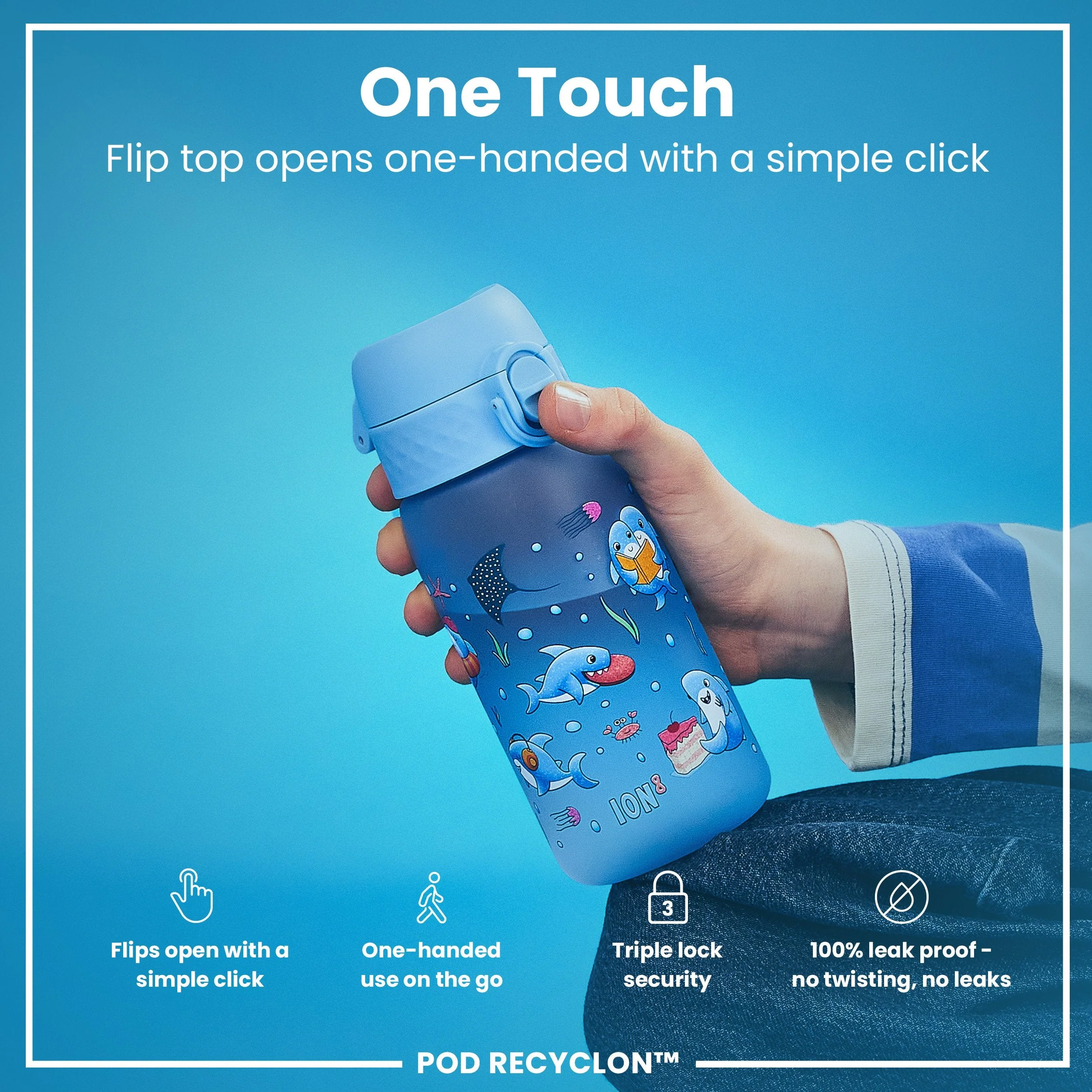 Leak Proof Kids Water Bottle, Recyclon, Sharks, 350ml (12oz) - Image 3