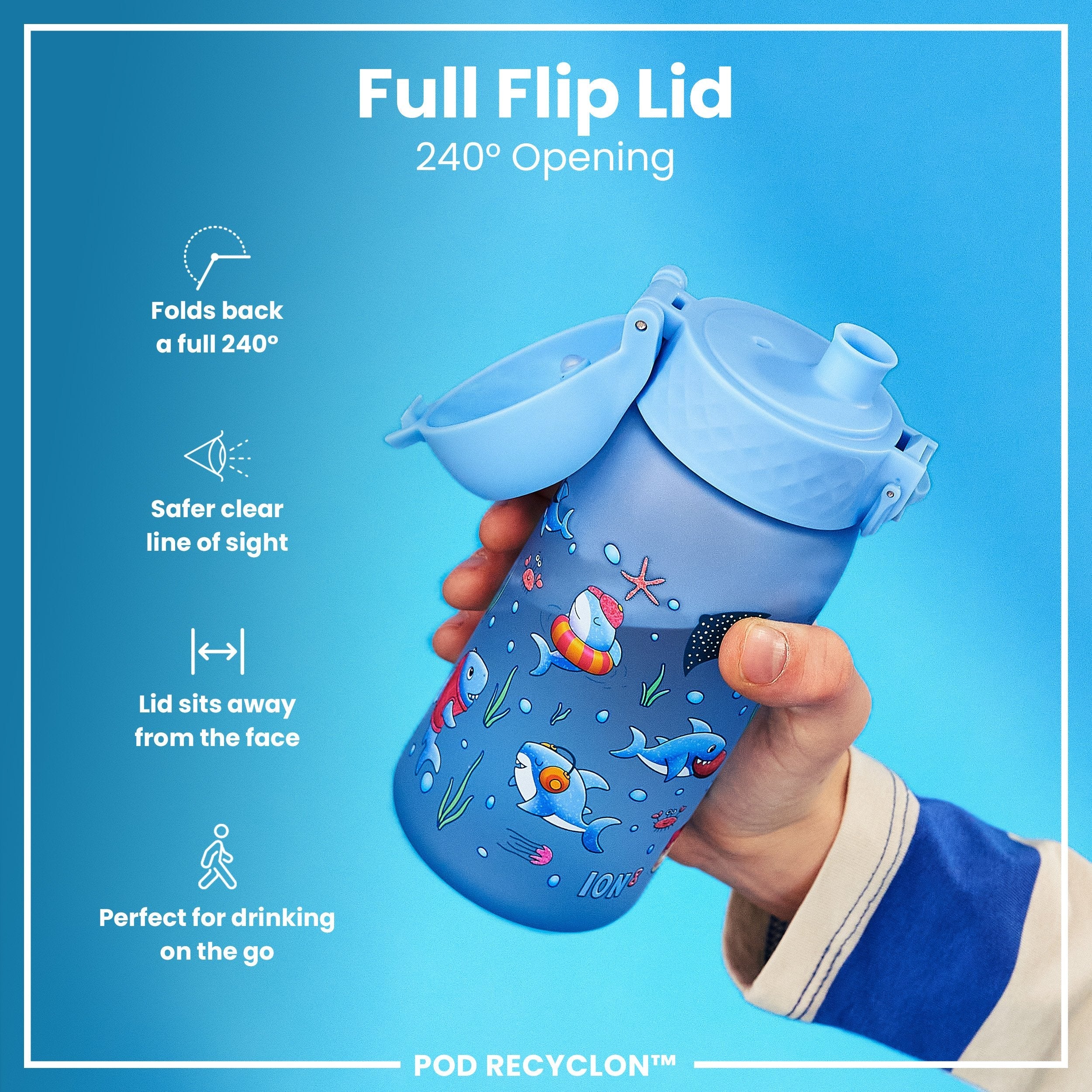 Leak Proof Kids Water Bottle, Recyclon, Sharks, 350ml (12oz) - Image 4