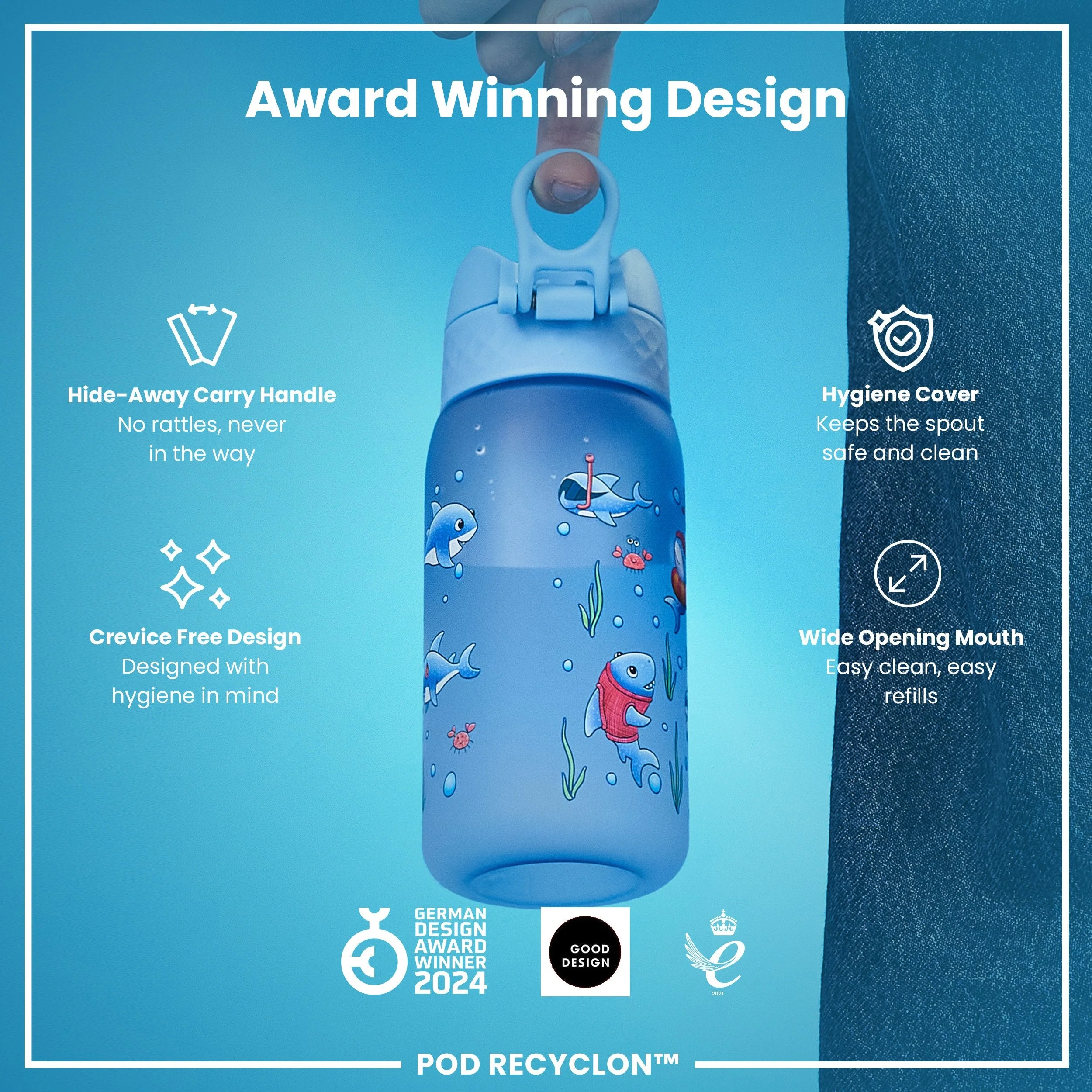 Leak Proof Kids Water Bottle, Recyclon, Sharks, 350ml (12oz) - Image 6