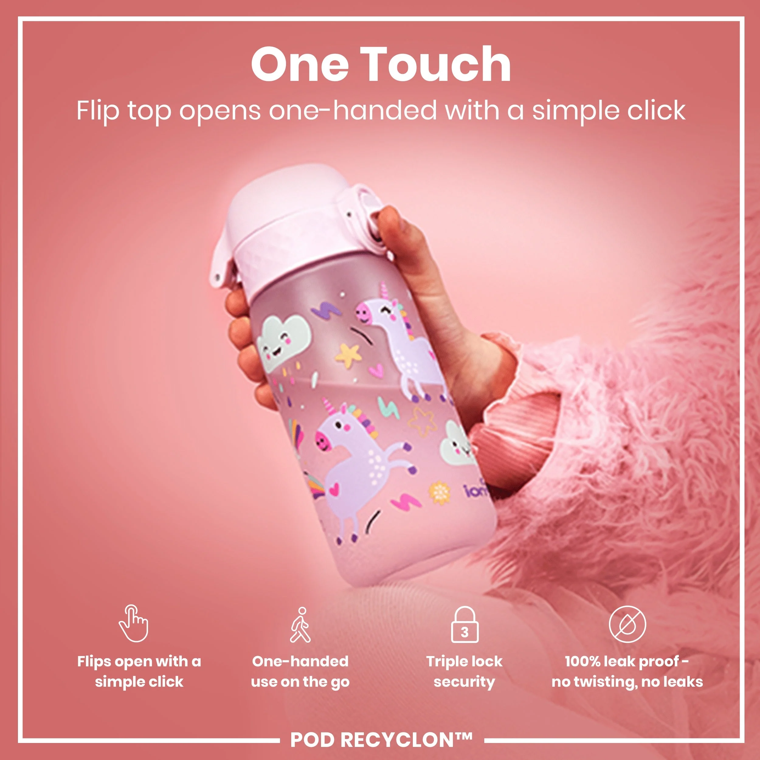 Leak Proof Kids Water Bottle, Recyclon, Unicorns, 350ml (12oz) - Image 3