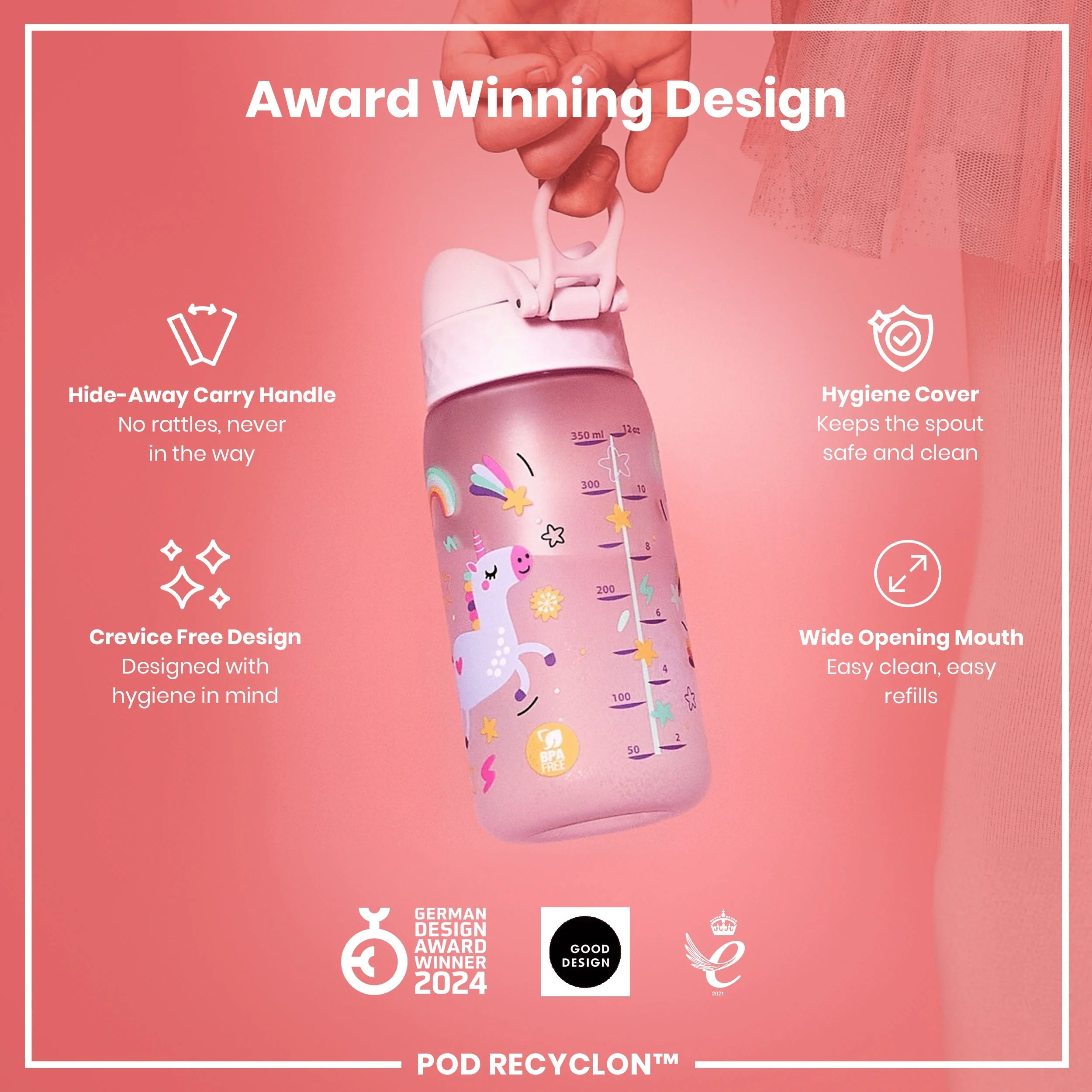 Leak Proof Kids Water Bottle, Recyclon, Unicorns, 350ml (12oz) - Image 6