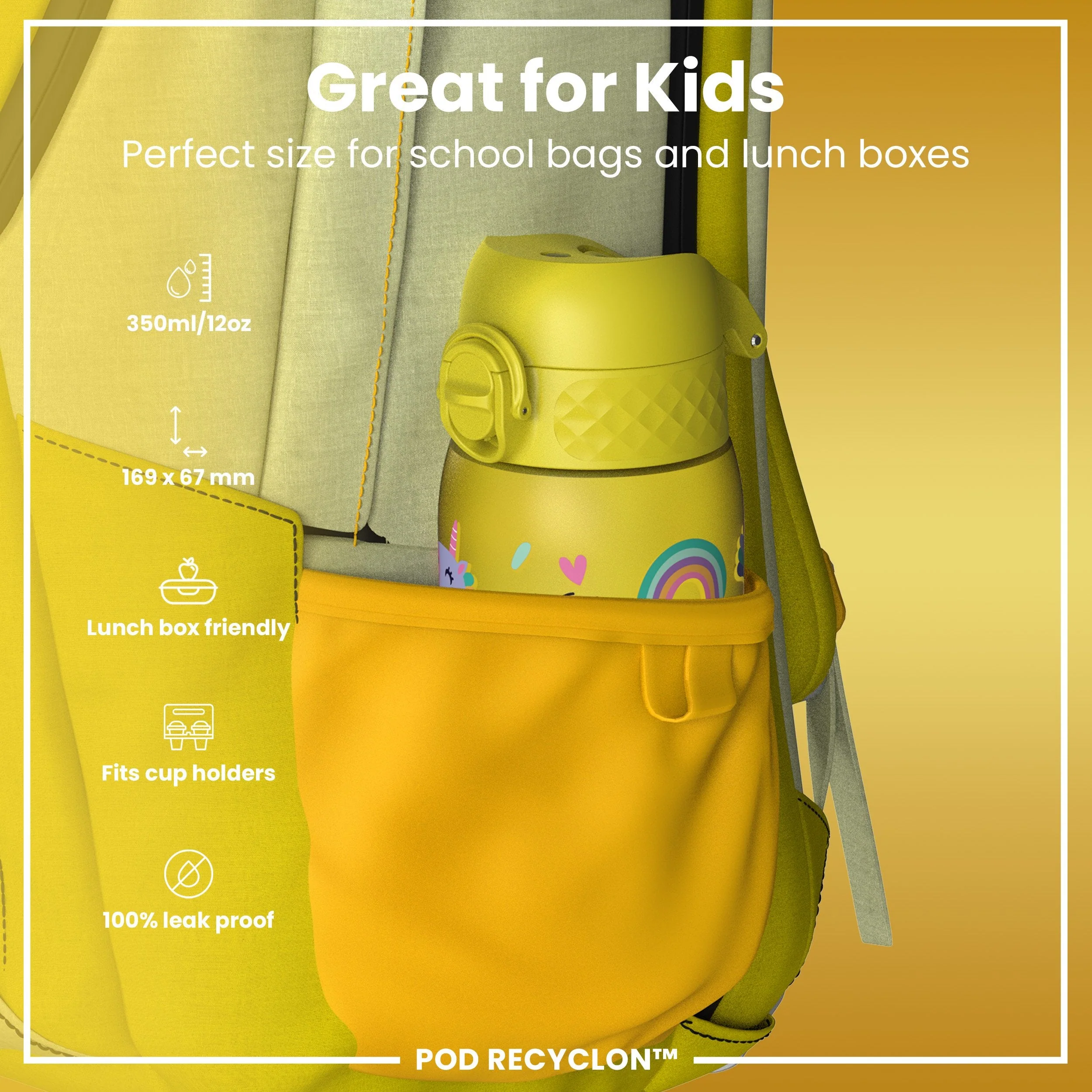 Leak Proof Kids Water Bottle, Recyclon, Yellow Unicorns, 350ml (12oz) - Image 2