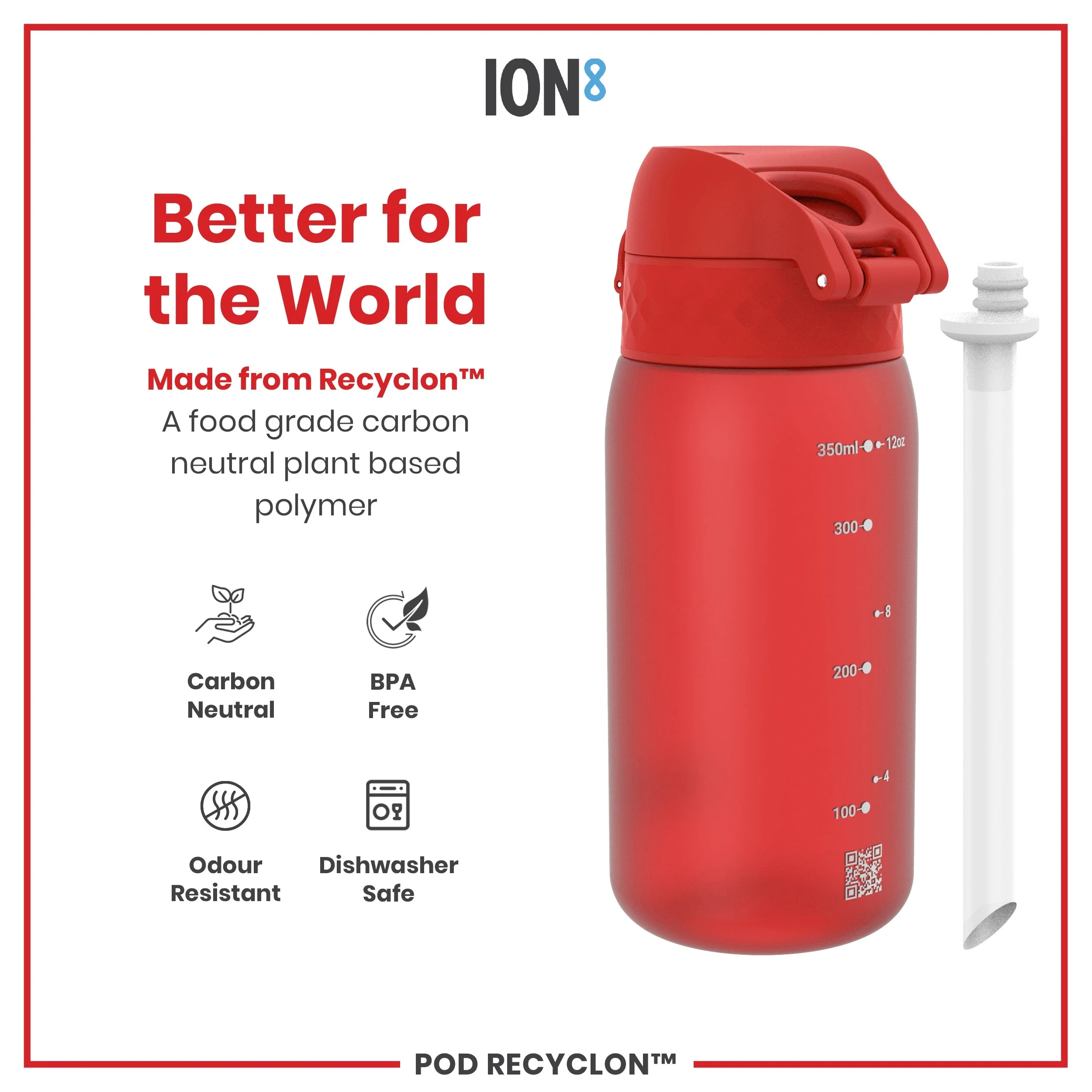 Leak Proof Small Water Bottle With Straw, Recyclon, Red, 350ml (12oz) - Image 5