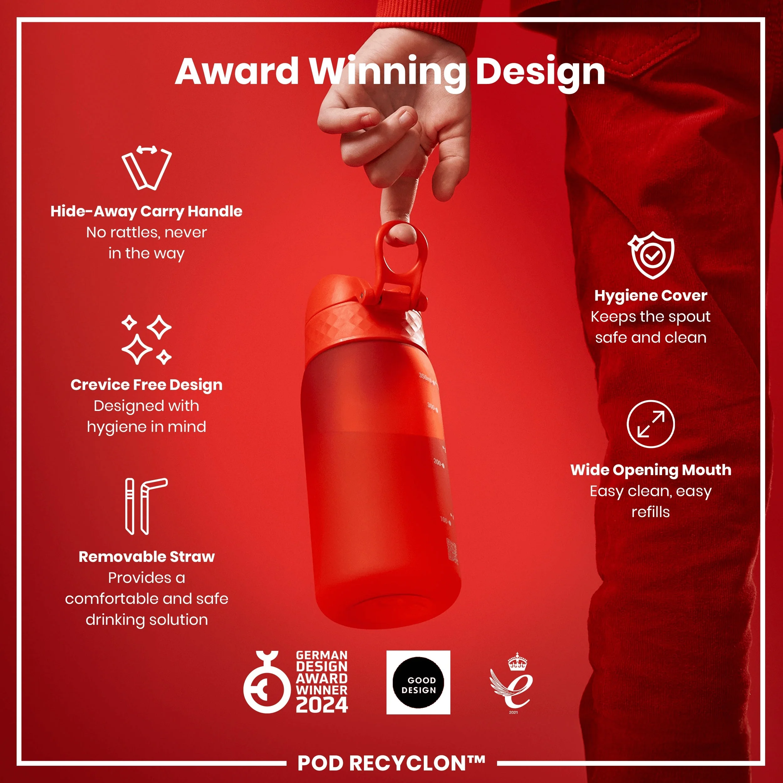 Leak Proof Small Water Bottle With Straw, Recyclon, Red, 350ml (12oz) - Image 6