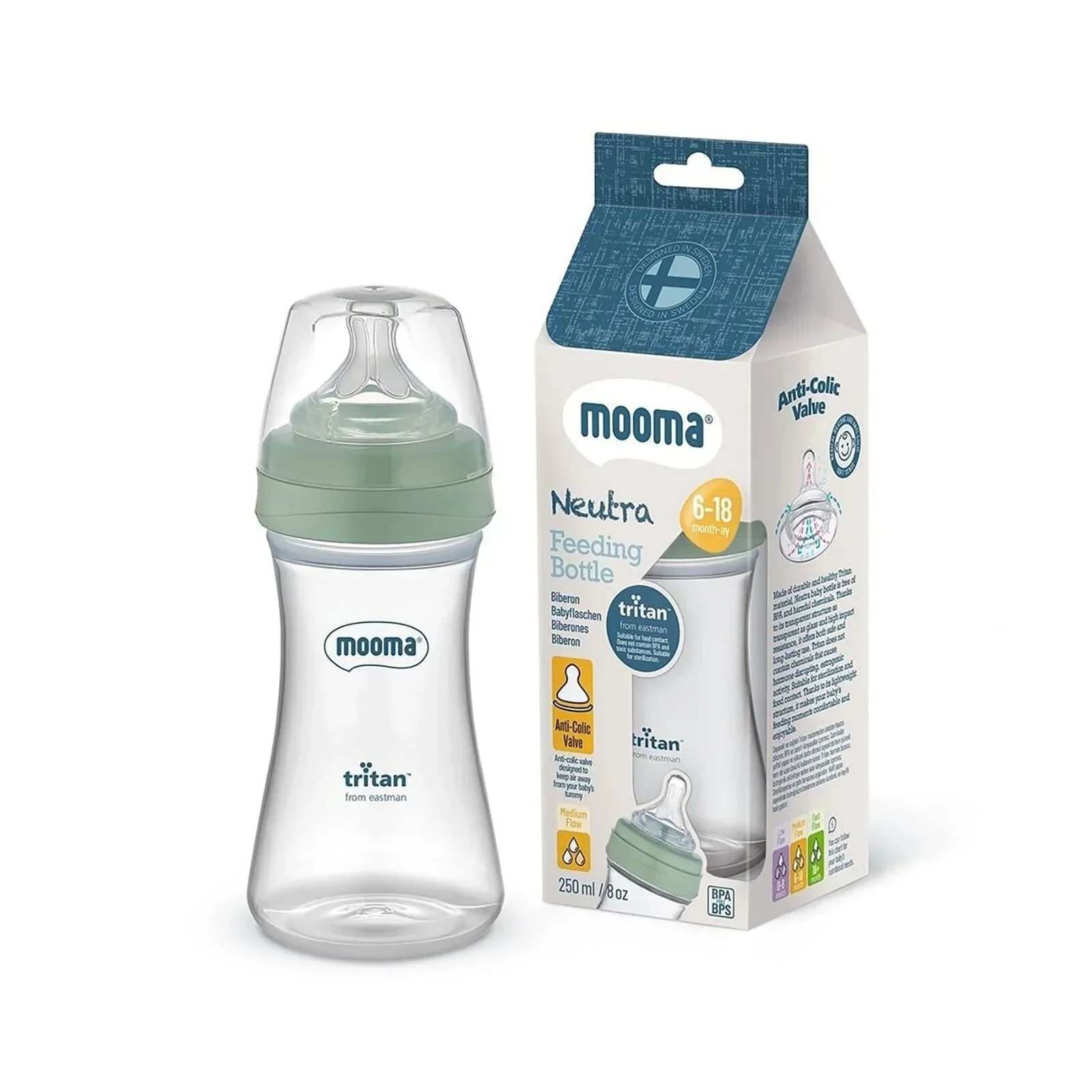 Mooma Neutra Tritan Bottle Medium Flow 6-18 months 250ml - Sage Green - Image 2