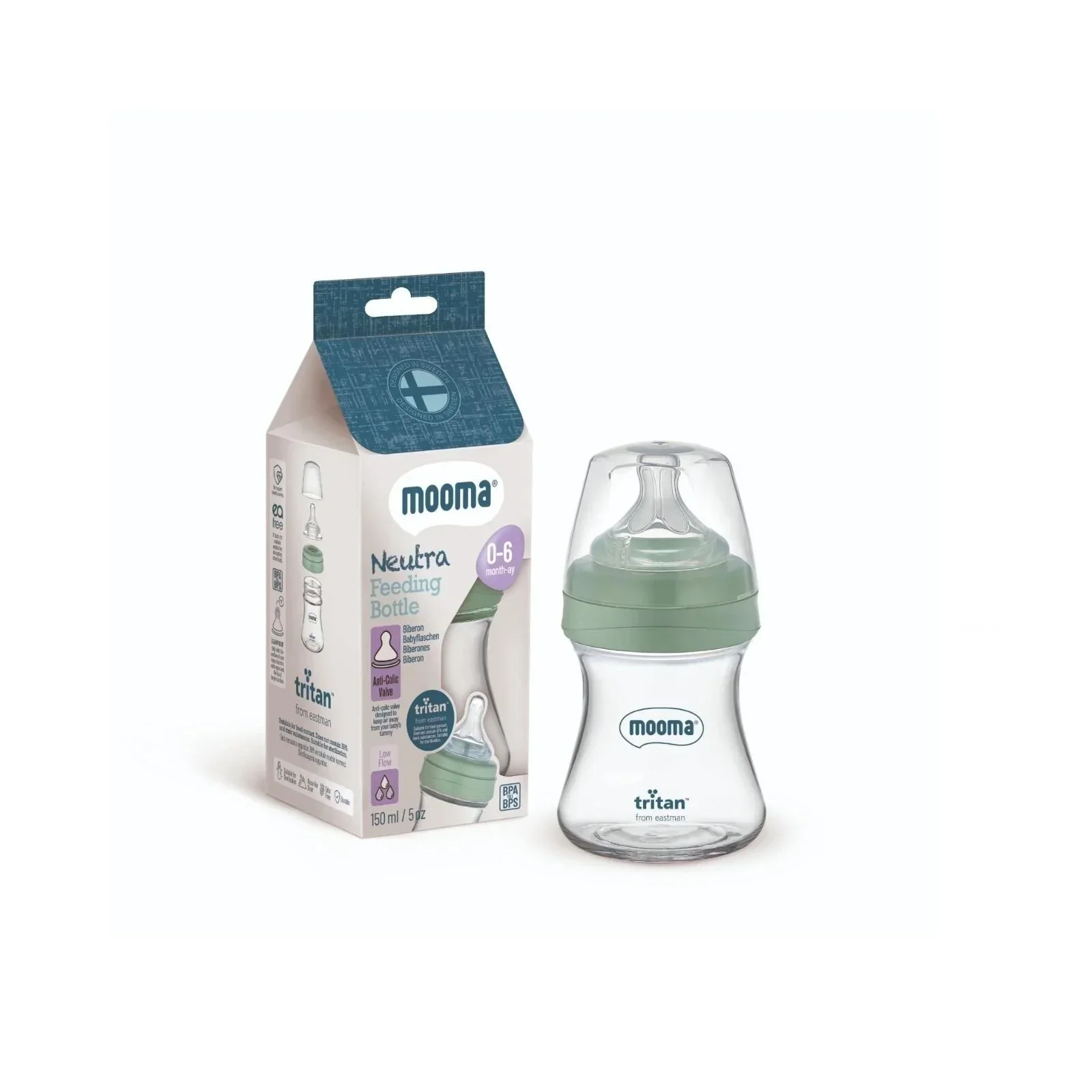 Mooma Neutra Tritan Bottle Slow Flow 0-6 months 150ml - Sage Green - Image 2