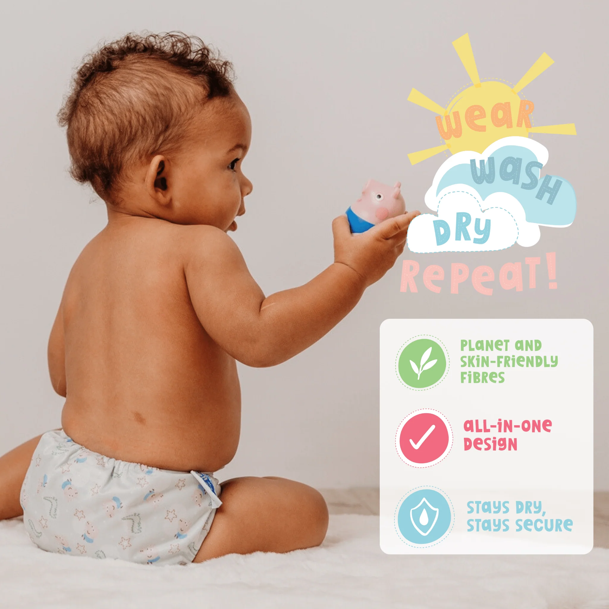 Peppa Pig One Size All-In-One Reusable Cloth Nappy - Blue Mix Peppa & Friends - Image 6
