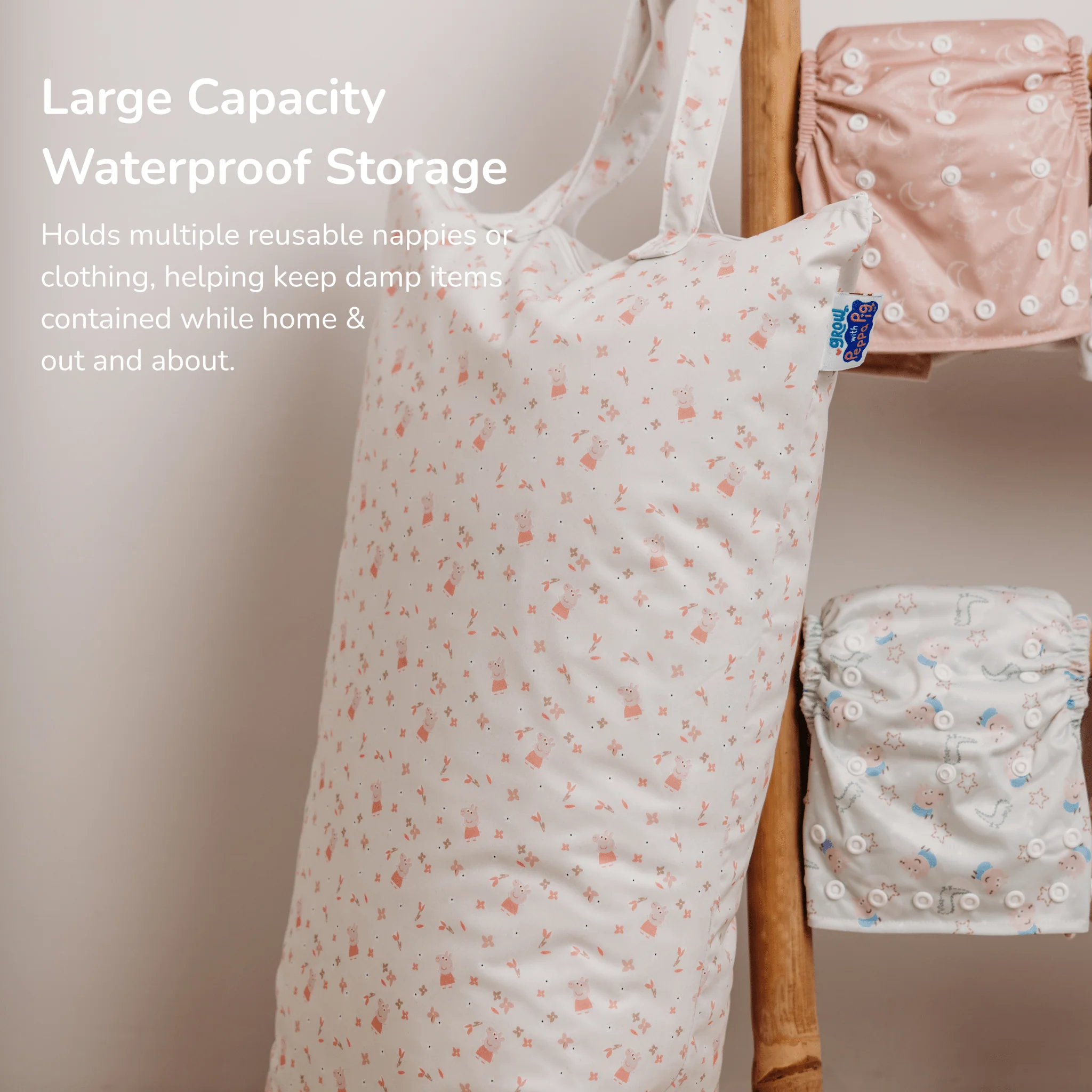 Peppa Pig XL Wet Bag Reusable Cloth Nappy Pail - Pink Rainbows - Image 2