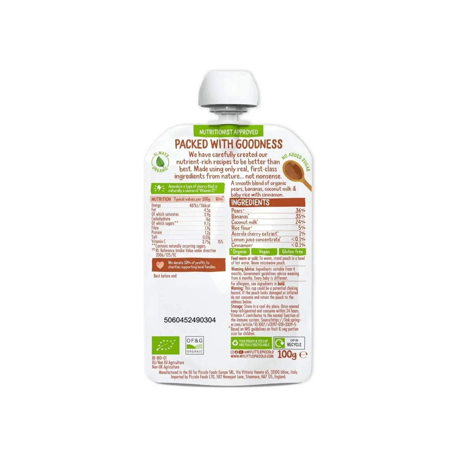 Piccolo Organic Pear Banana Coconut Milk & Baby Rice 4+ months 100g - Image 3