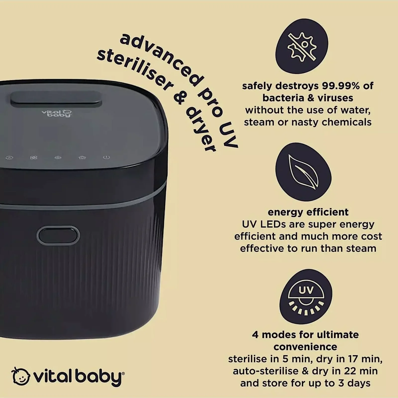 Vital Baby Advanced Pro UV Steriliser & Dryer (3rd Gen) - Onyx Black - Image 5